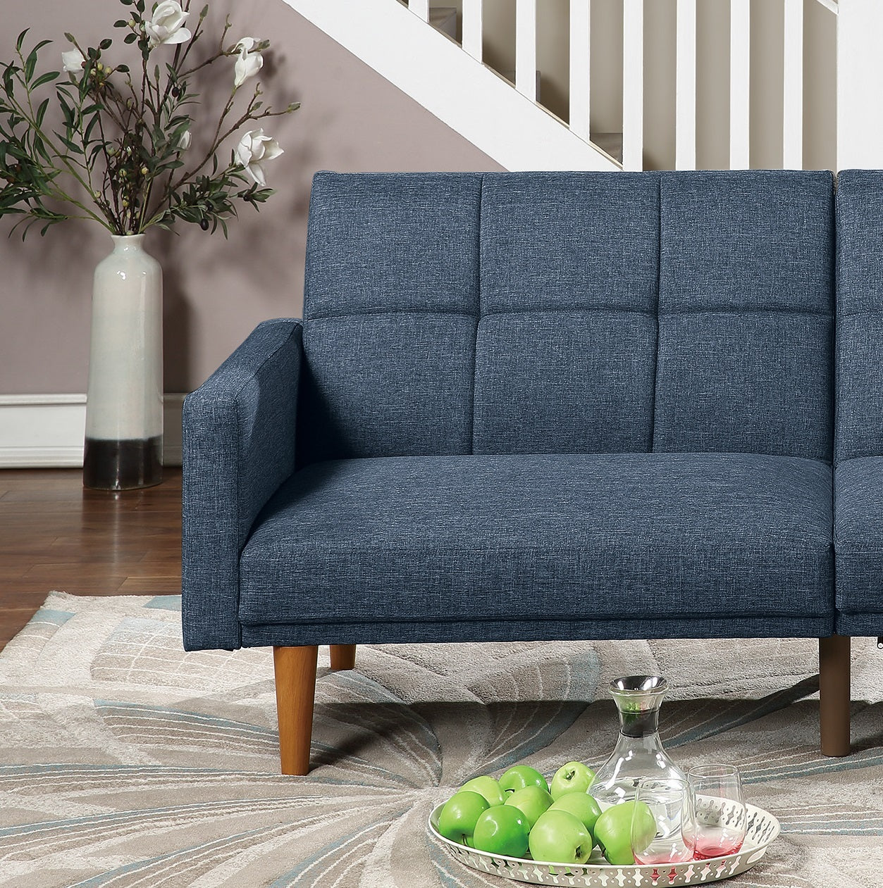 Transitional Look Living Room Sofa Couch Convertible Bed Navy Polyfiber 1Pc Tufted Sofa Cushion Wooden Legs Navy Primary Living Space Tufted Back Modern,Transitional Pine Square Arms Fabric 2 Seat