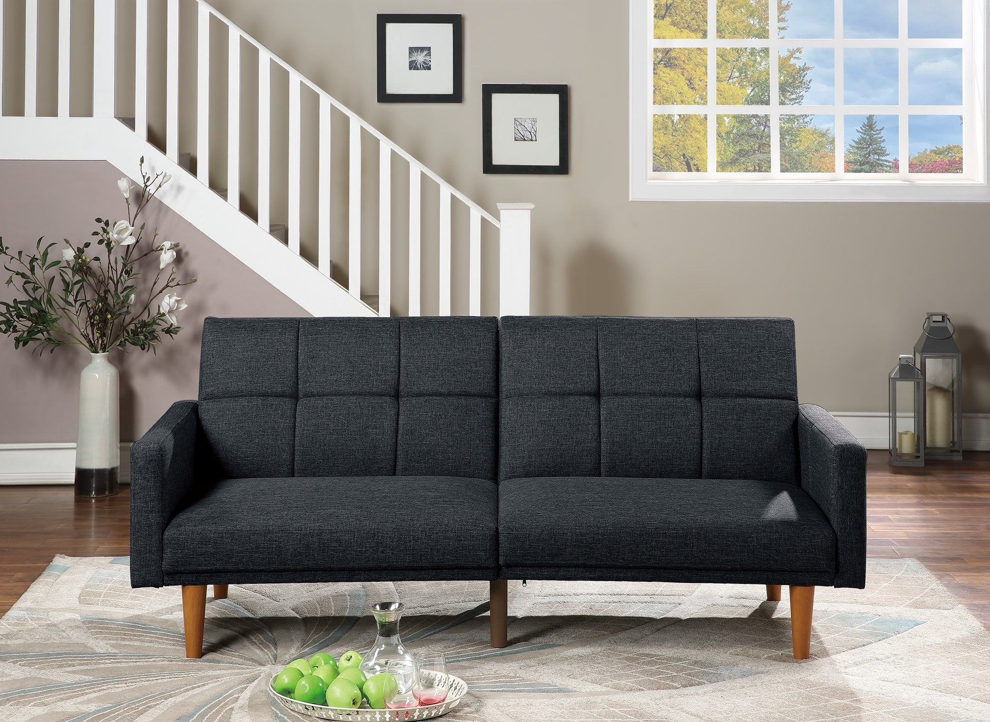 Transitional Look Living Room Sofa Couch Convertible Bed Black Polyfiber 1Pc Tufted Sofa Cushion Wooden Legs Black Wood Primary Living Space Tufted Back Modern,Transitional Pine Square Arms Fabric 2 Seat