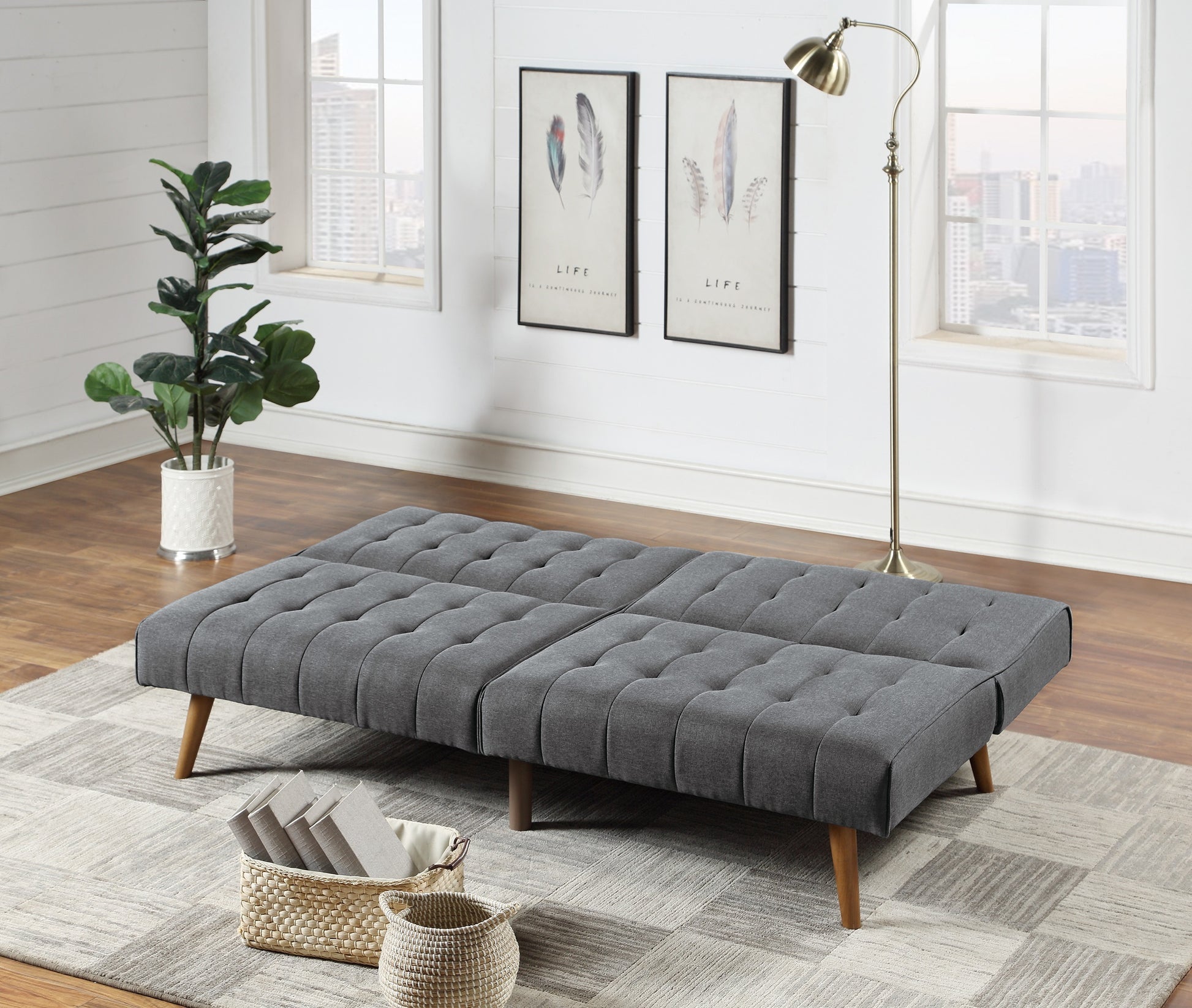 Blue Grey Modern Convertible Sofa 1Pc Set Couch Polyfiber Plush Tufted Cushion Sofa Living Room Furniture Wooden Legs Grey Wood Primary Living Space Tufted Back Modern,Transitional Rubberwood Armless Fabric 2 Seat