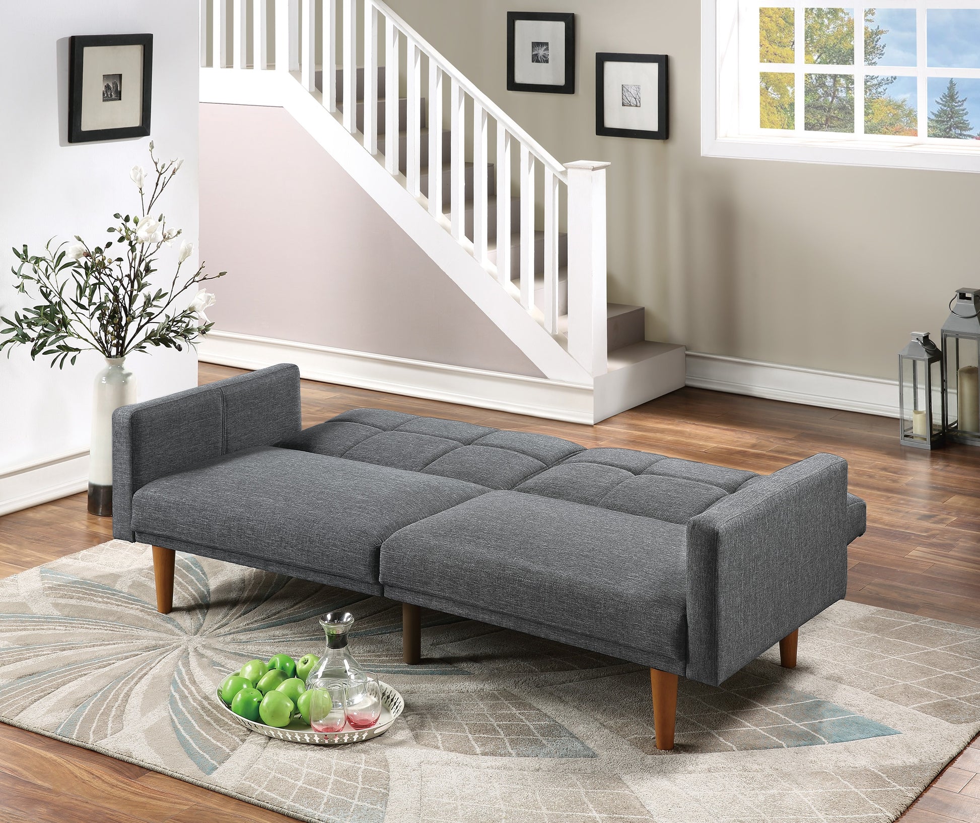 Transitional Look Living Room Sofa Couch Convertible Bed Blue Grey Polyfiber 1Pc Tufted Sofa Cushion Wooden Legs Light Grey Primary Living Space Tufted Back Modern,Transitional Pine Square Arms