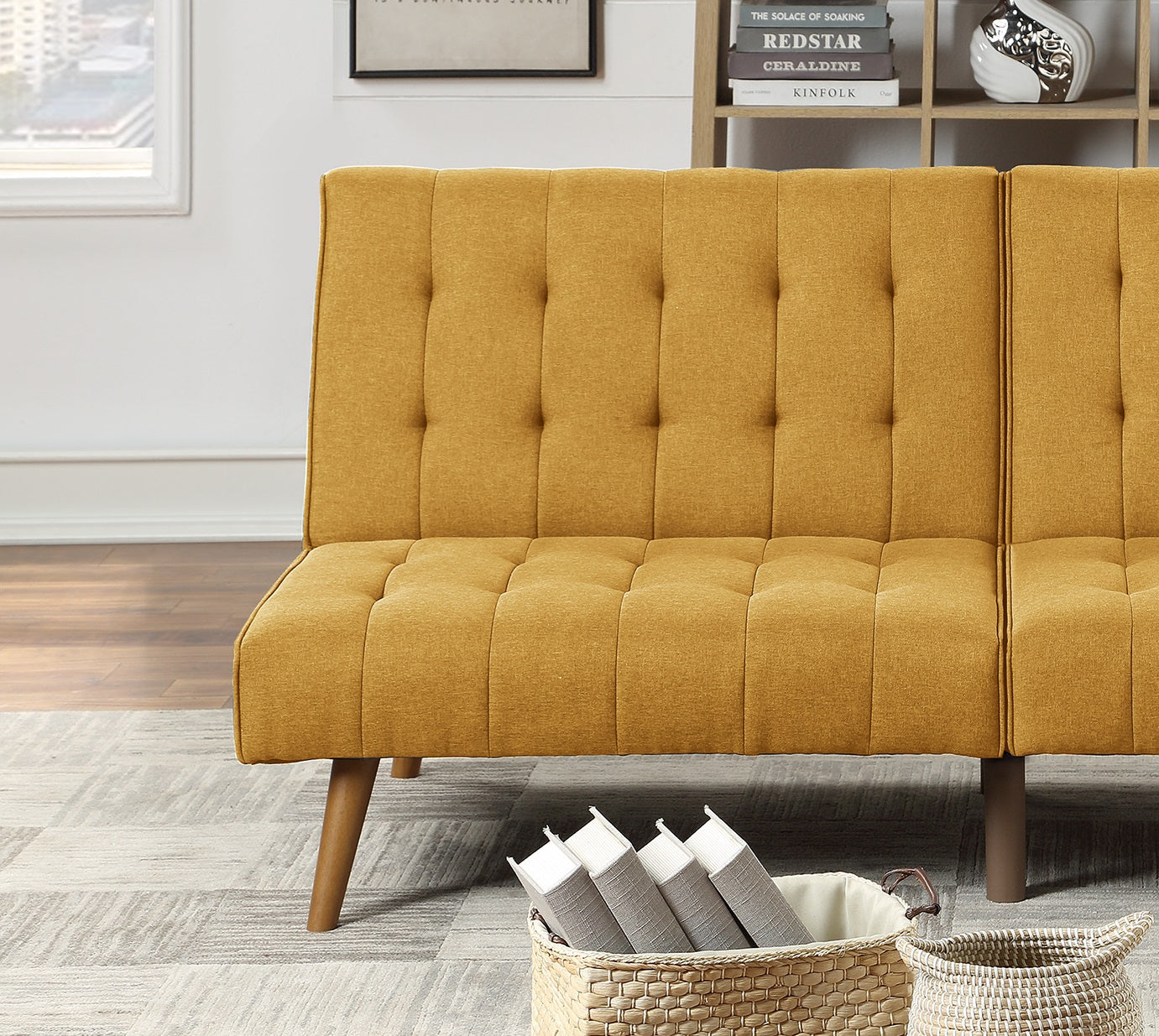 Mustard Color Modern Convertible Sofa 1Pc Set Couch Polyfiber Plush Tufted Cushion Sofa Living Room Furniture Wooden Legs Mustard Wood Primary Living Space Tufted Back Modern,Transitional Rubberwood Armless Fabric 2 Seat
