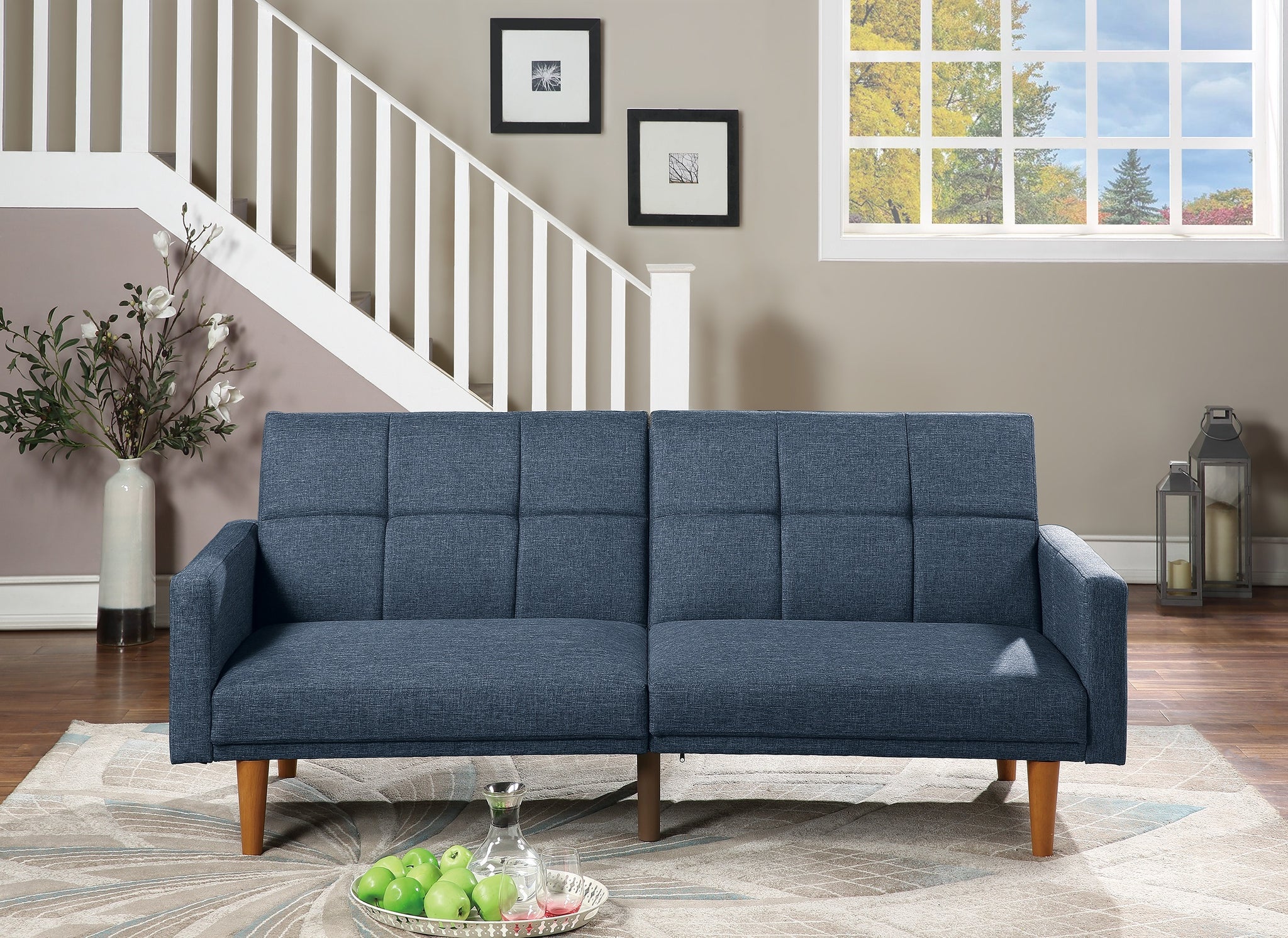 Transitional Look Living Room Sofa Couch Convertible Bed Navy Polyfiber 1Pc Tufted Sofa Cushion Wooden Legs Navy Primary Living Space Tufted Back Modern,Transitional Pine Square Arms Fabric 2 Seat