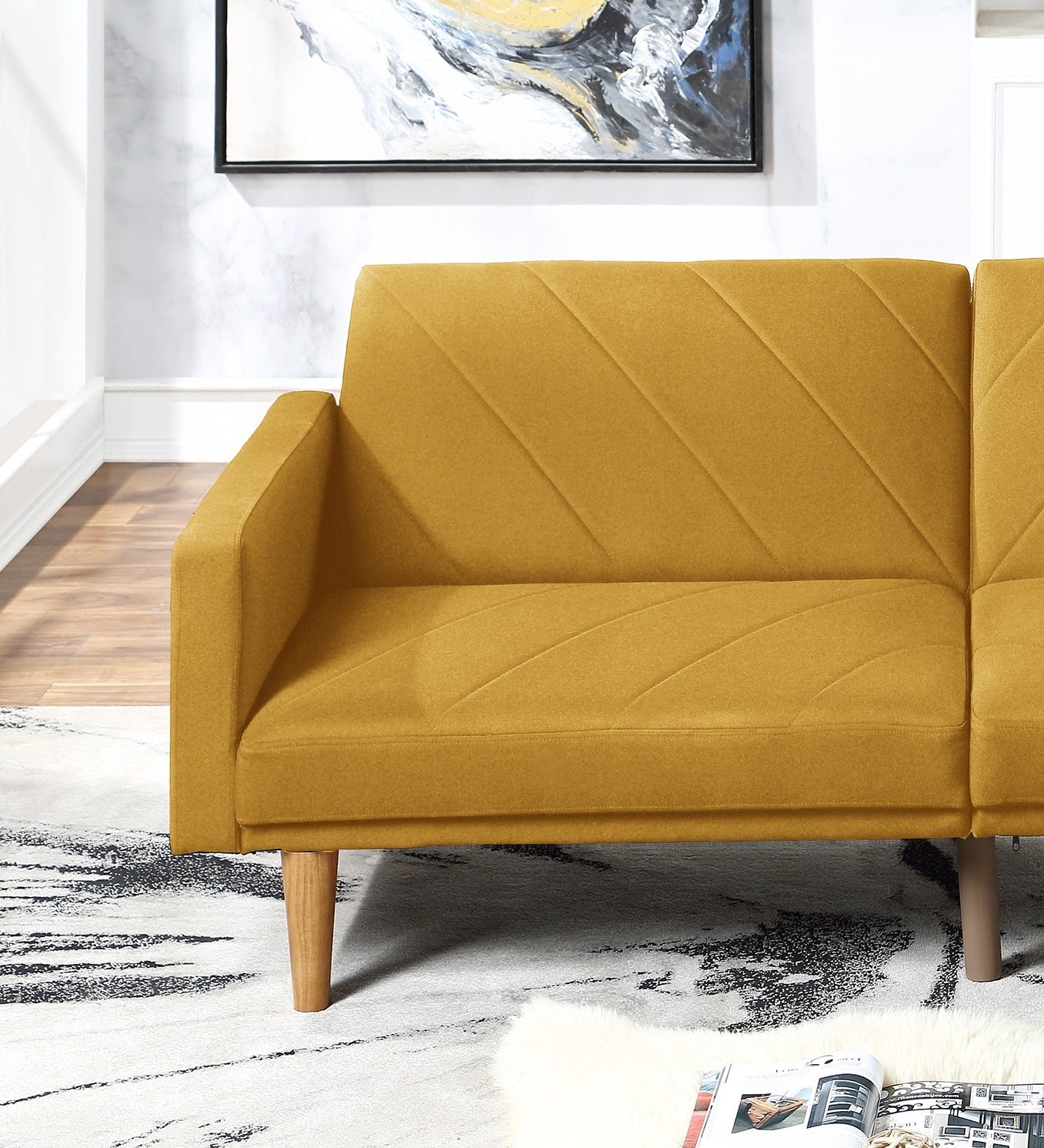 Modern Electric Look 1Pc Convertible Sofa Couch Mustard Color Linen Like Fabric Cushion Wooden Legs Living Room Mustard Primary Living Space Cushion Back Modern,Transitional Rubberwood Square Arms Fabric 2 Seat