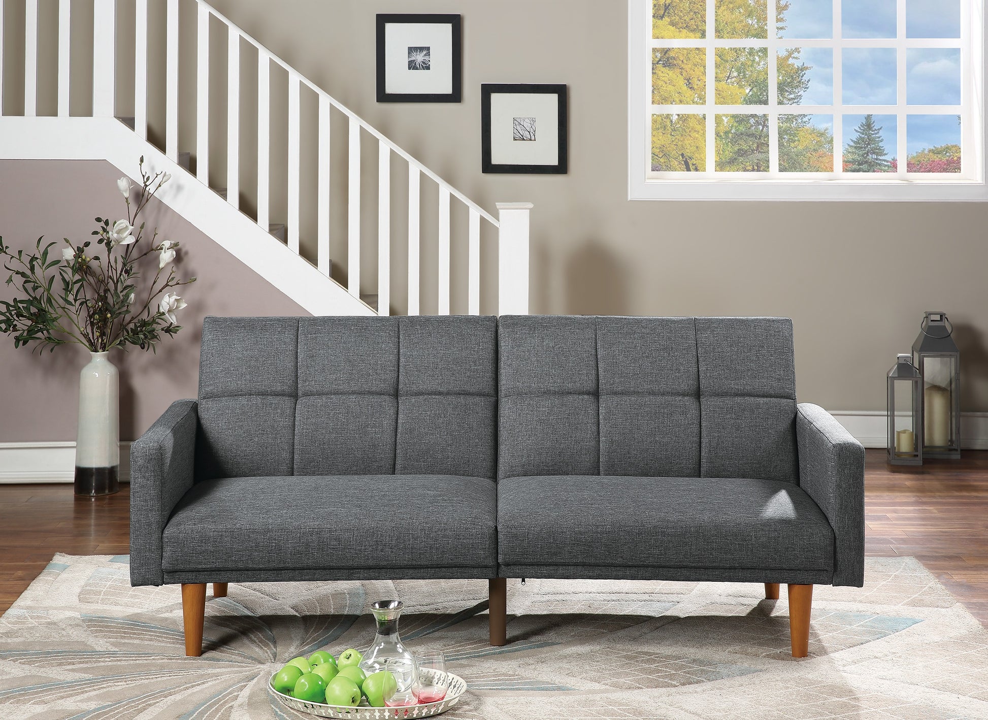 Transitional Look Living Room Sofa Couch Convertible Bed Blue Grey Polyfiber 1Pc Tufted Sofa Cushion Wooden Legs Light Grey Primary Living Space Tufted Back Modern,Transitional Pine Square Arms