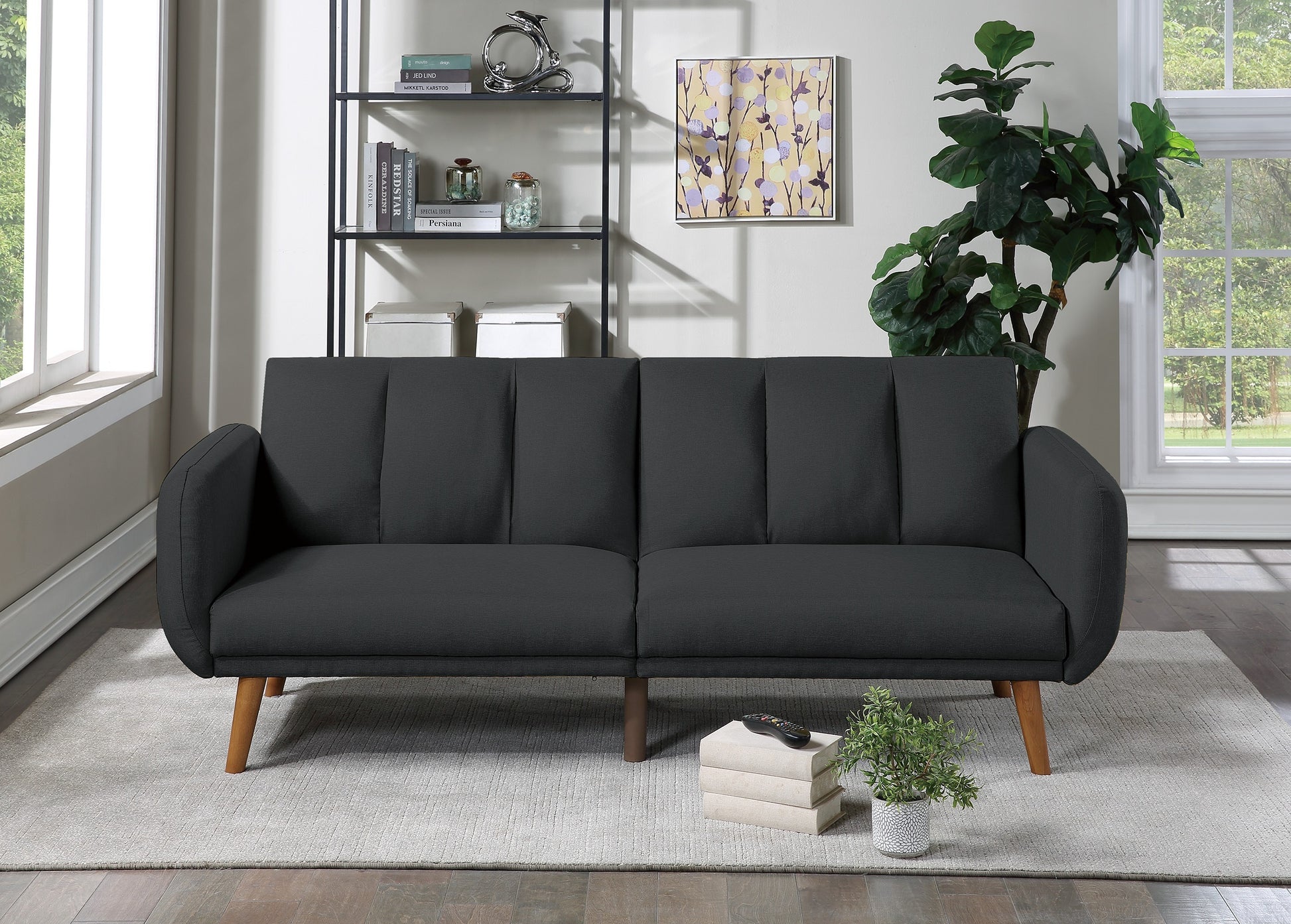 Elegant Modern Sofa Black Polyfiber 1Pc Sofa Convertible Bed Wooden Legs Living Room Lounge Guest Furniture Black Primary Living Space Cushion Back Contemporary,Mid Century Modern,Modern Square Arms Fabric 2 Seat