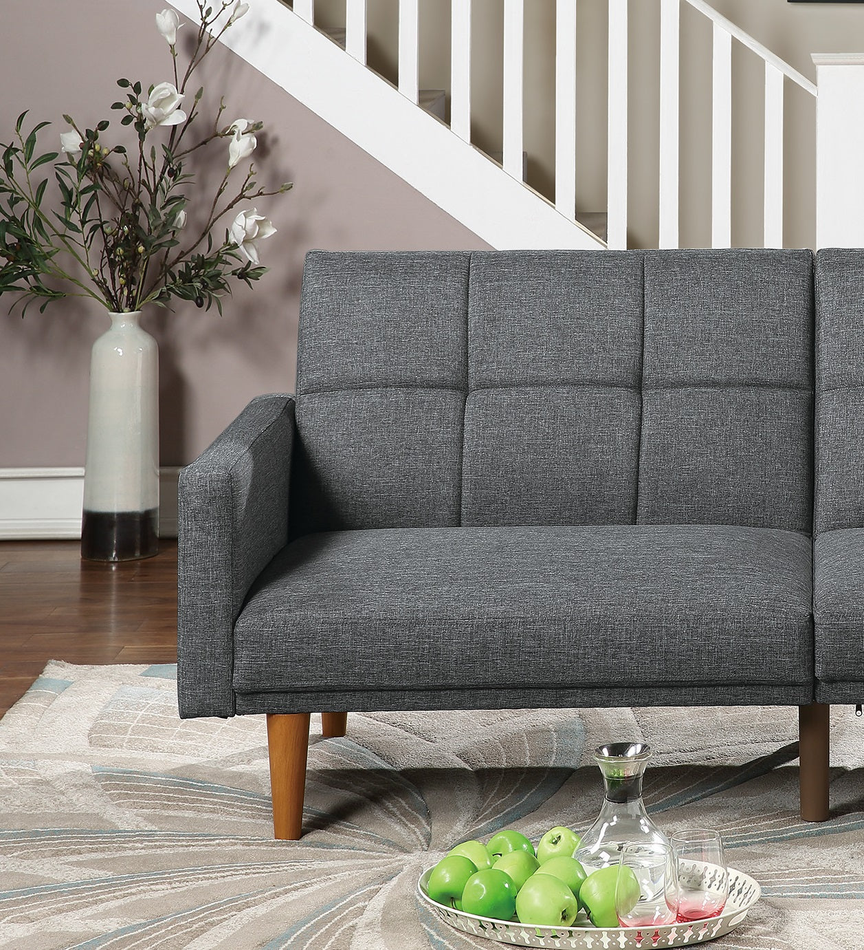 Transitional Look Living Room Sofa Couch Convertible Bed Blue Grey Polyfiber 1Pc Tufted Sofa Cushion Wooden Legs Light Grey Primary Living Space Tufted Back Modern,Transitional Pine Square Arms