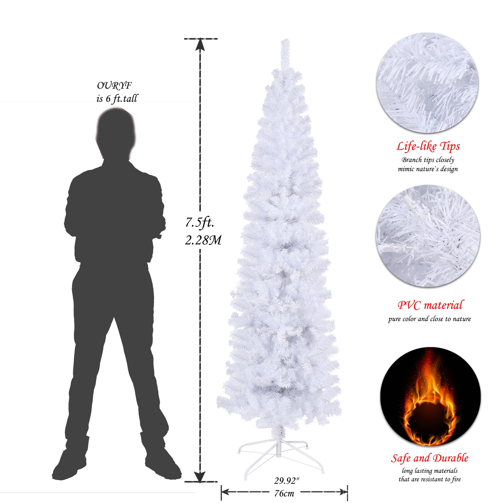 7.5Ft White Slim Artificial Christmas Tree Includes Foldable Metal Stand White American Traditional Polyester Polyester