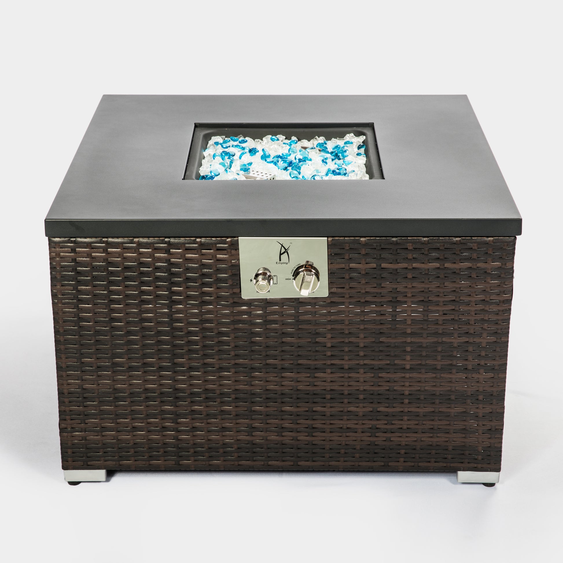 Outdoor Gas Fire Pit Square Dark Brown Wicker Fire Pit Table Propane Fire Table With Glass Rocks Brown Wicker