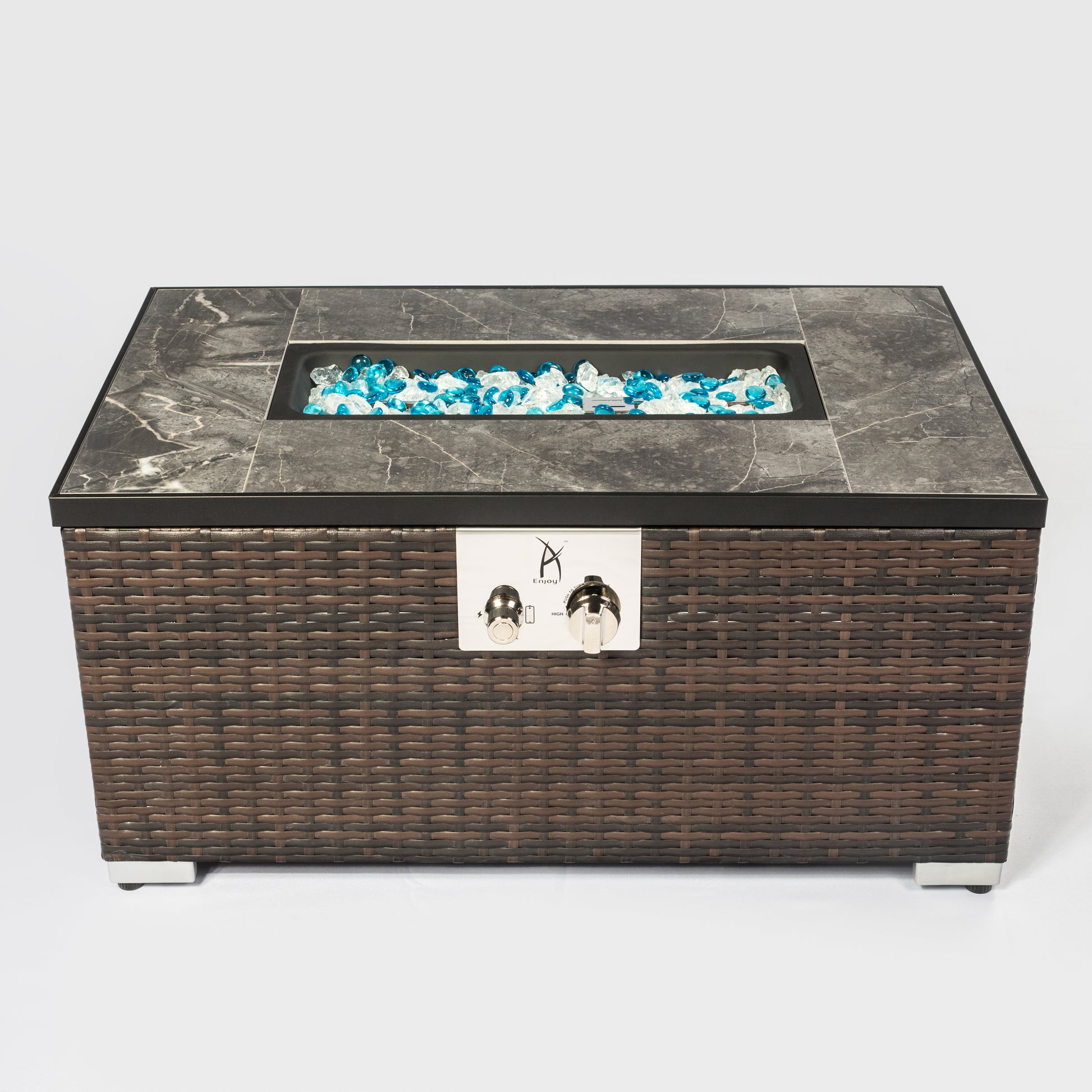 Outdoor Rectangle Fire Pit Table With Propane Tank Cover Brown Wicker