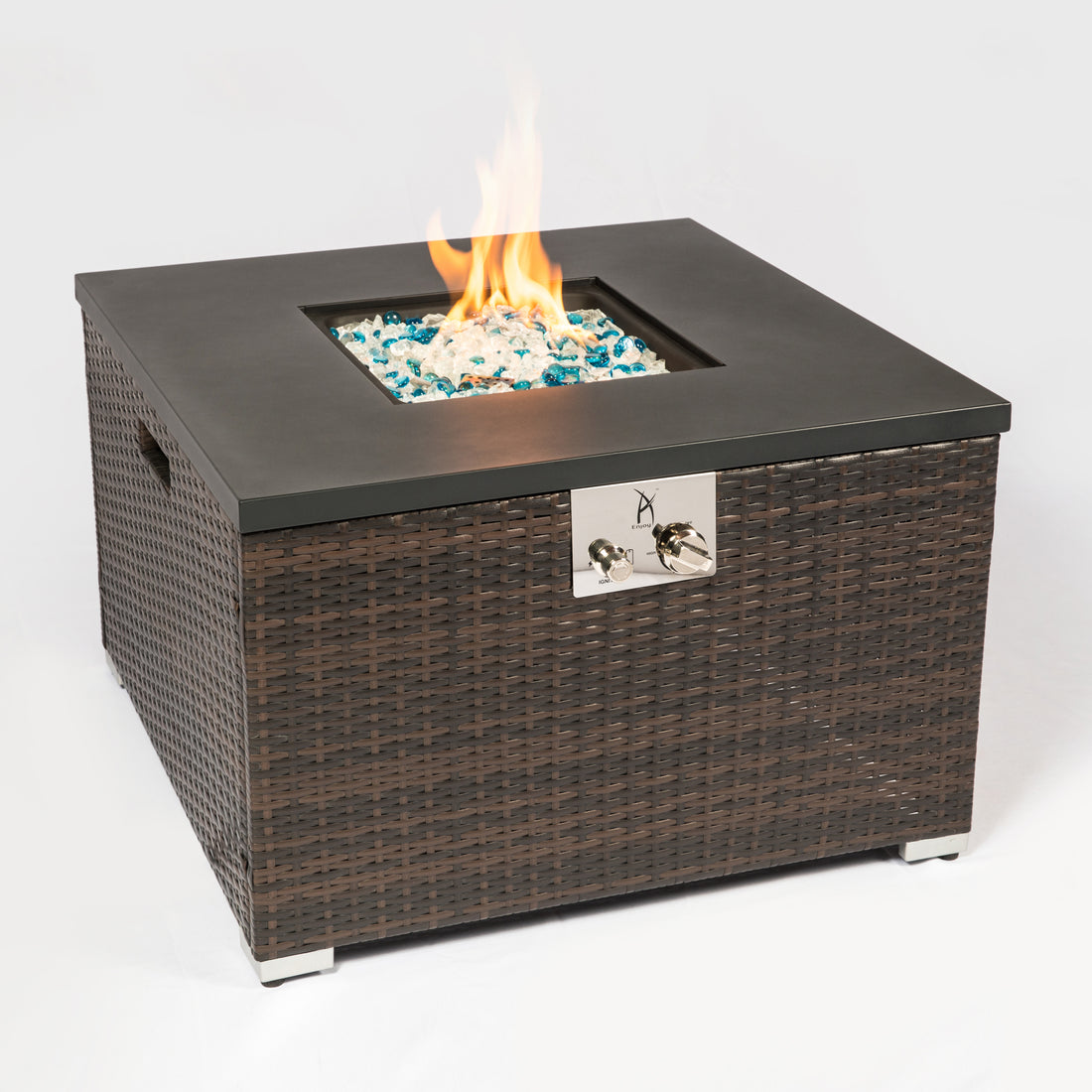 Outdoor Gas Fire Pit Square Dark Brown Wicker Fire Pit Table Propane Fire Table With Glass Rocks Brown Wicker