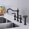 Bridge Dual Handles Kitchen Faucet With Pull Out Side Spray In Matte Black Brass