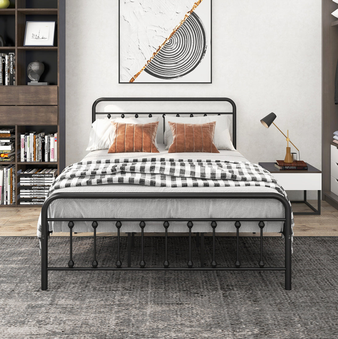 Metal Bed Frame Queen Size Platform No Box Spring Needed With Vintage Headboard And Footboard Premium Steel Slat Support Black Box Spring Not Required Queen Black Metal Bedroom Bed Frame Metal