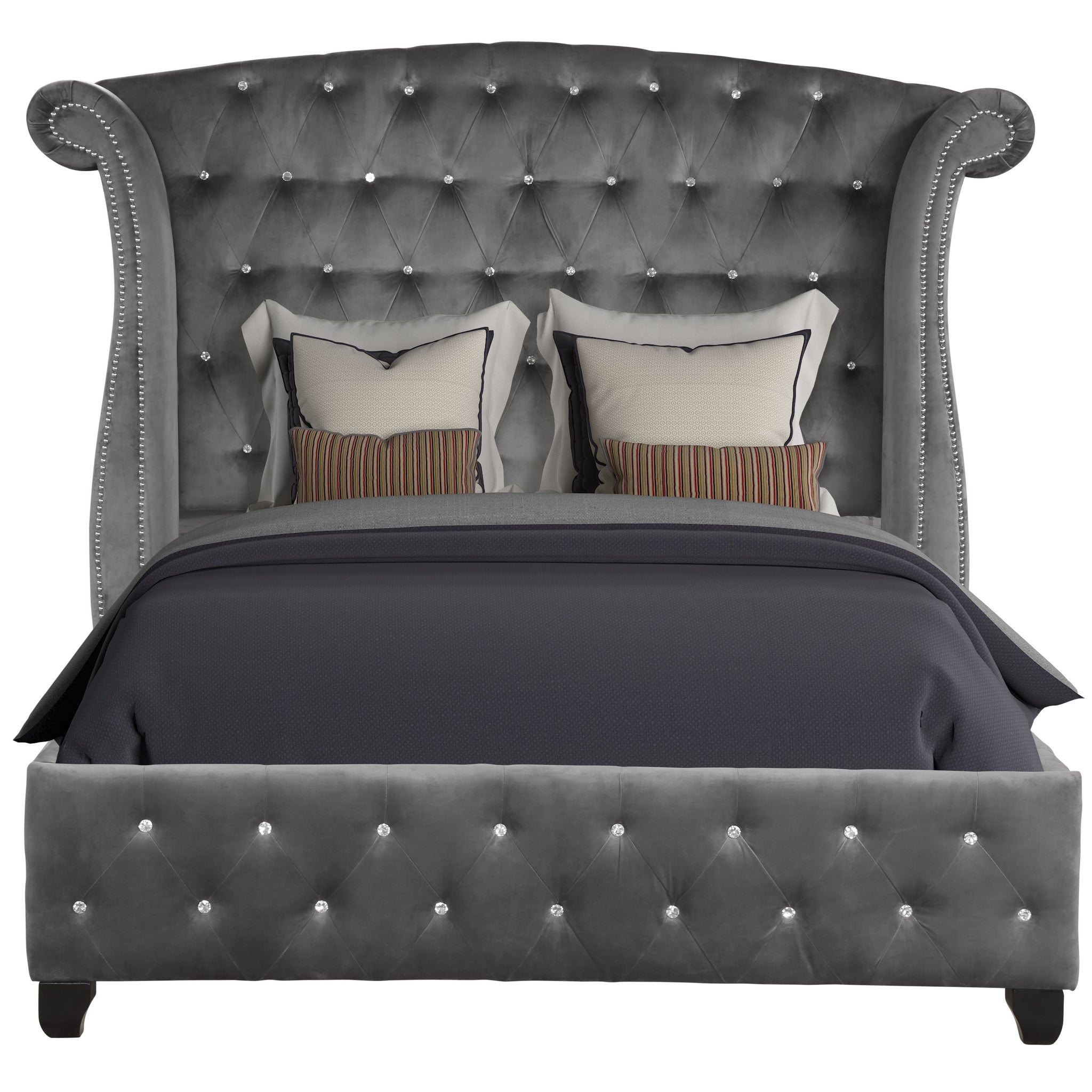 Modern Style Crystal Tufted Queen Bed Made With Wood In Gray Box Spring Not Required Queen Gray Wood Bedroom Contemporary,Modern Acacia Upholstered Velvet Wood