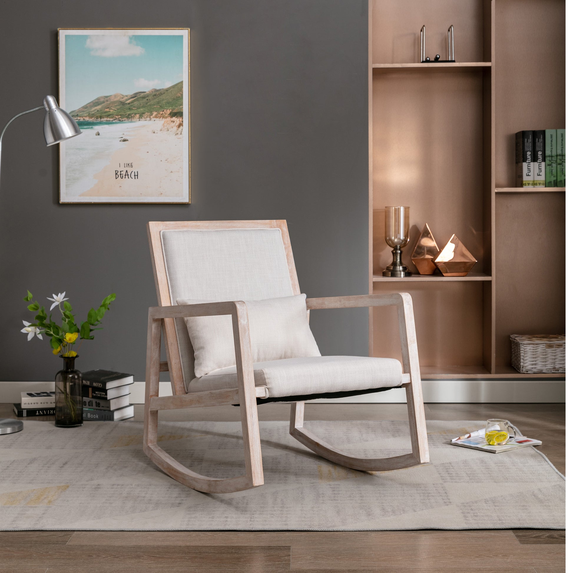 Solid Wood Linen Fabric Antique White Wash Painting Rocking Chair With Removable Lumbar Pillow Beige Foam Linen