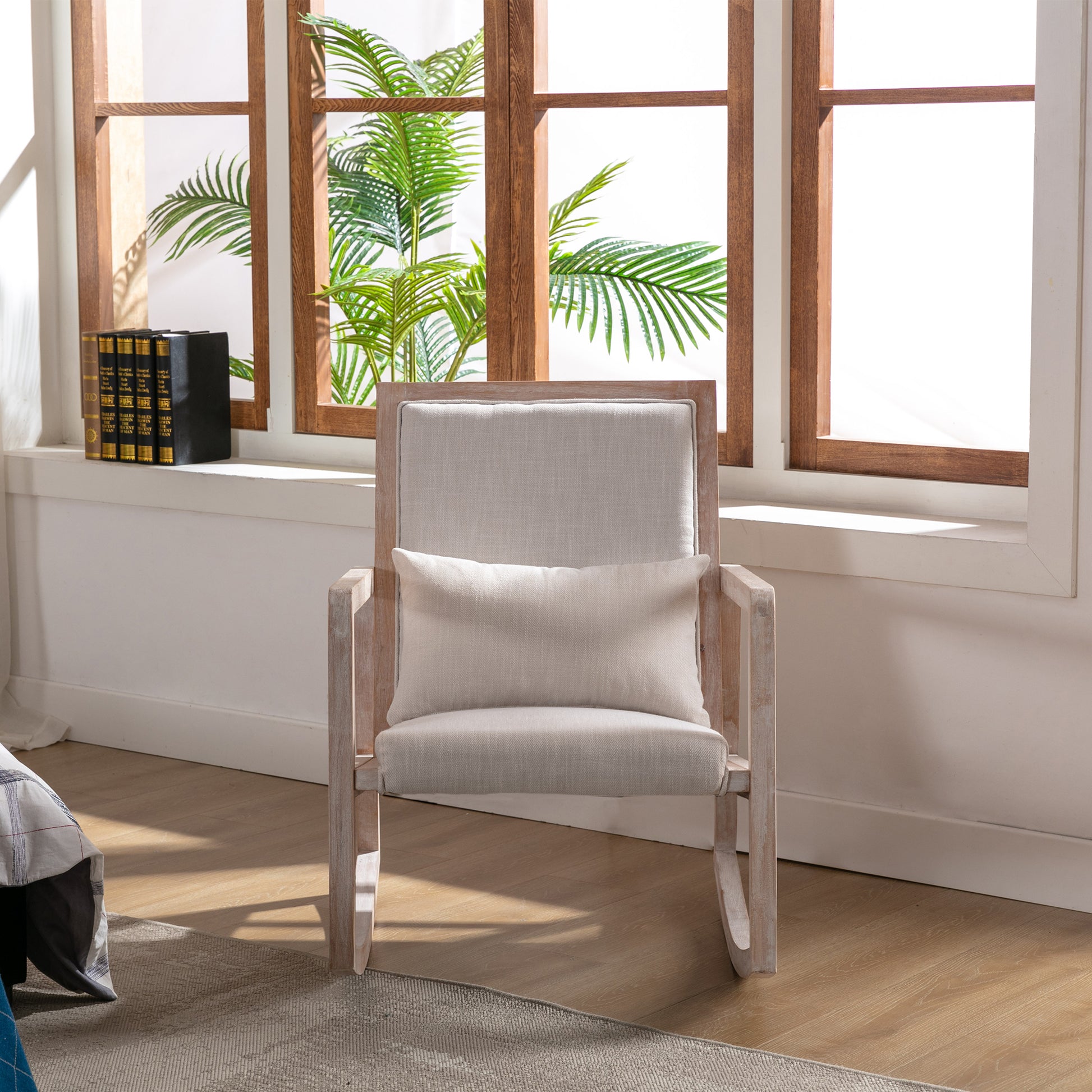 Solid Wood Linen Fabric Antique White Wash Painting Rocking Chair With Removable Lumbar Pillow Beige Foam Linen