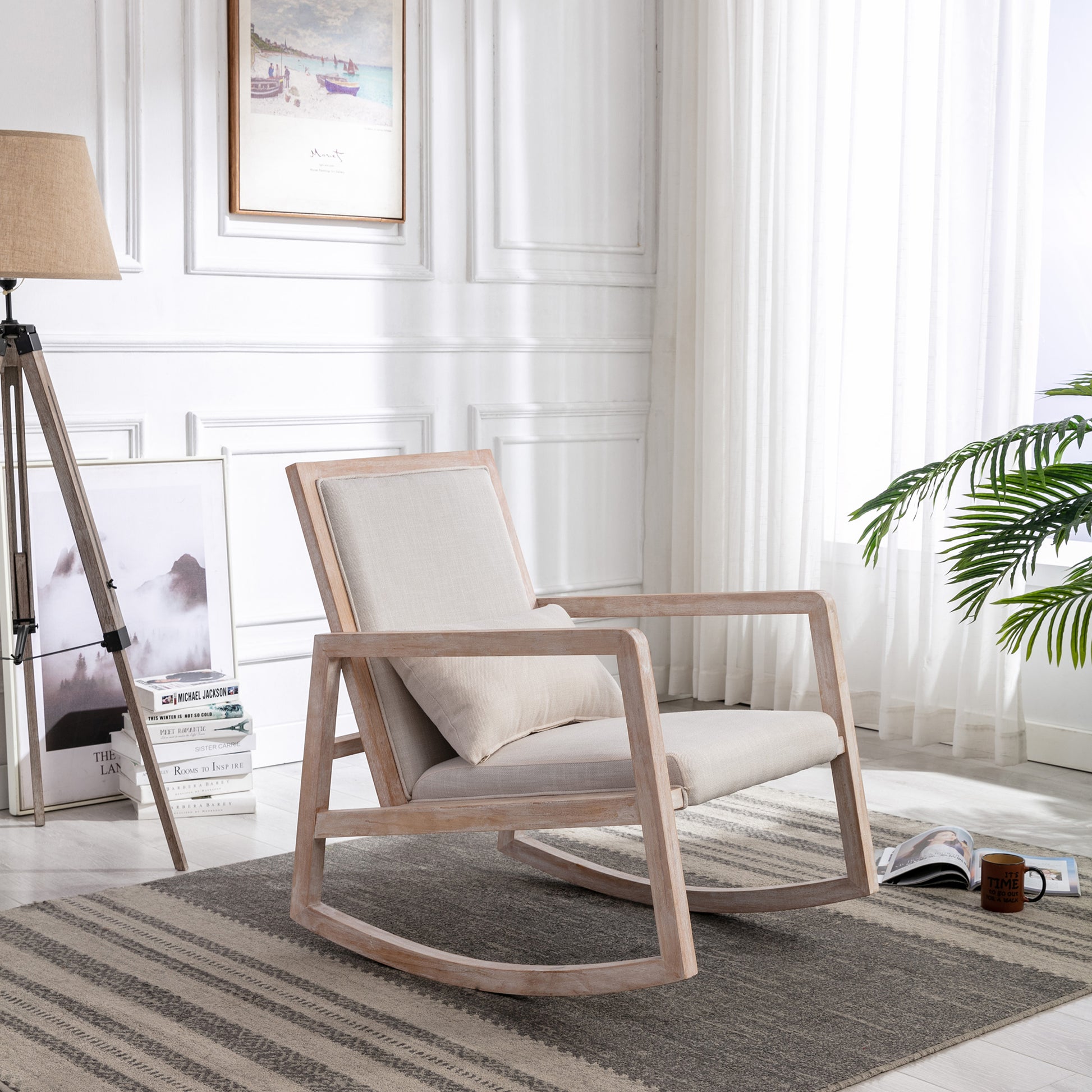 Solid Wood Linen Fabric Antique White Wash Painting Rocking Chair With Removable Lumbar Pillow Beige Foam Linen