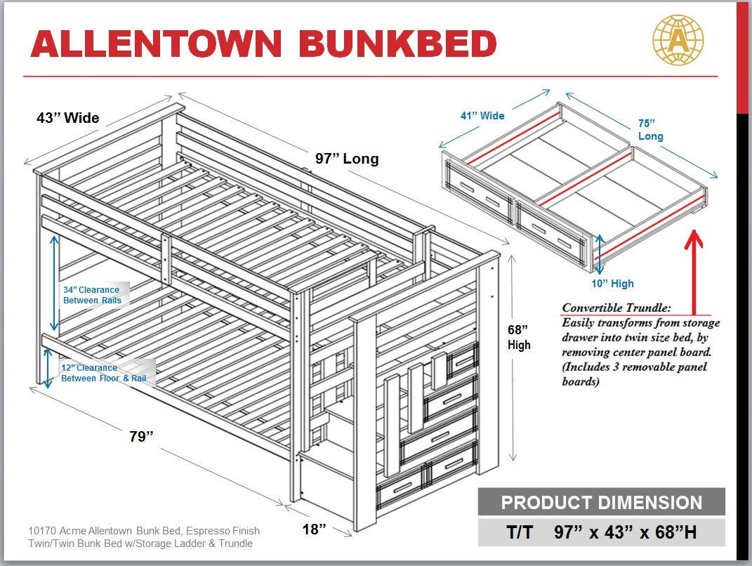 Allentown Bunk Bed Twin Twin & Storage In Espresso 10170W Espresso Solid Wood