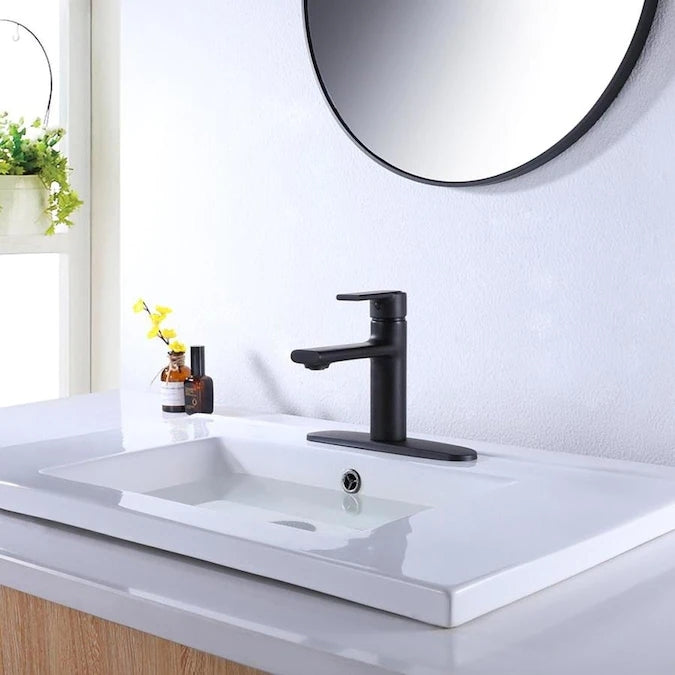 Modern Single Handle Bathroom Sink Washbasin Vanity Sink Faucet With Deck Plate Matte Black Brass