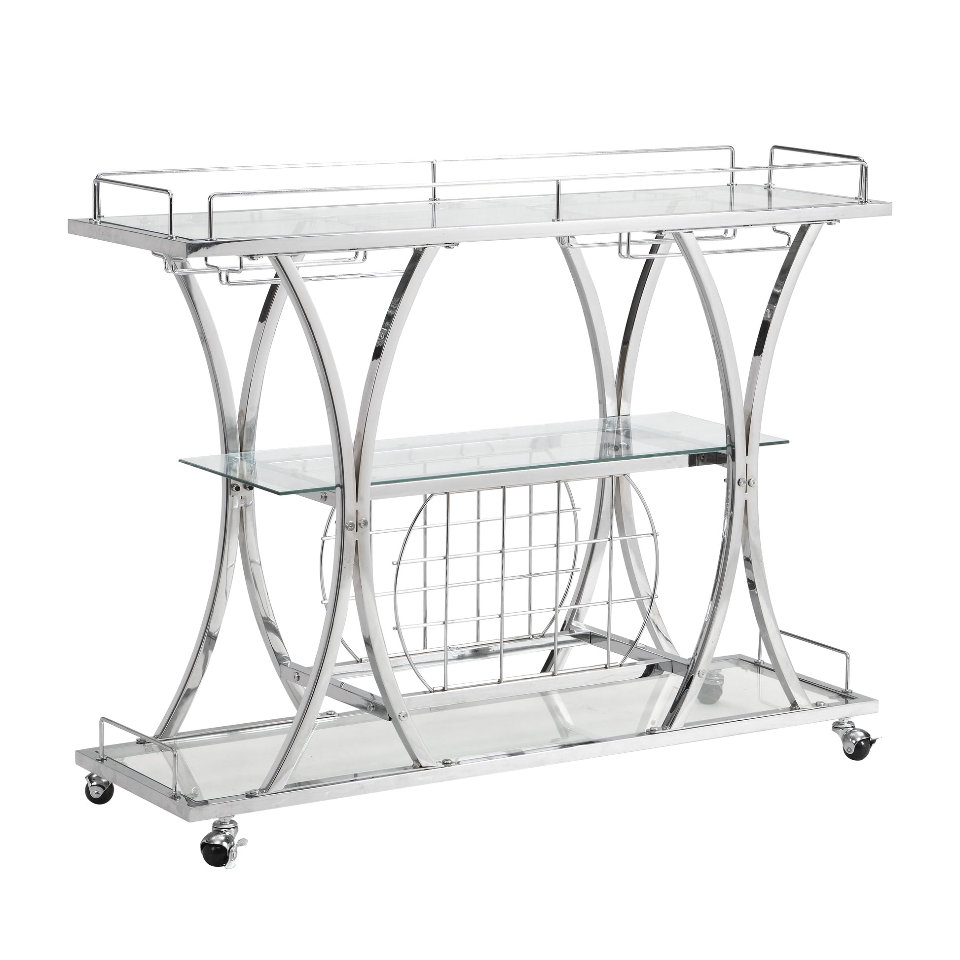 Contemporary Chrome Bar Cart With Wine Rack Silver Modern Glass Metal Frame Wine Storage Chrome Glass Metal