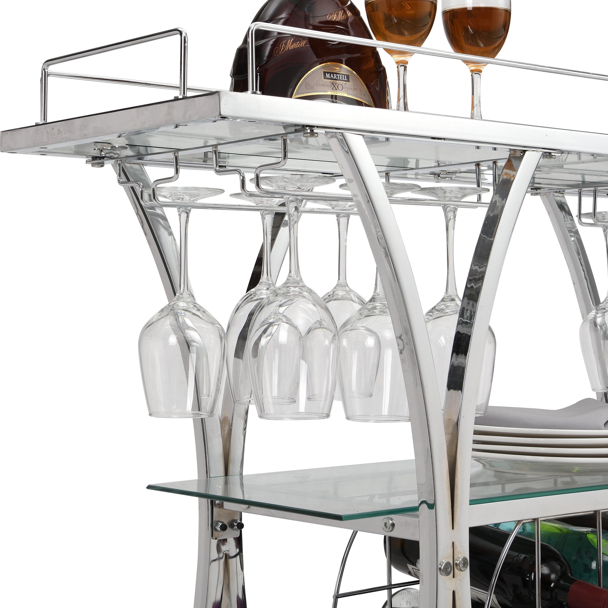 Contemporary Chrome Bar Cart With Wine Rack Silver Modern Glass Metal Frame Wine Storage Chrome Glass Metal