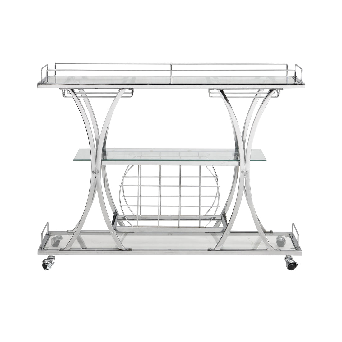 Contemporary Chrome Bar Cart With Wine Rack Silver Modern Glass Metal Frame Wine Storage Chrome Glass Metal