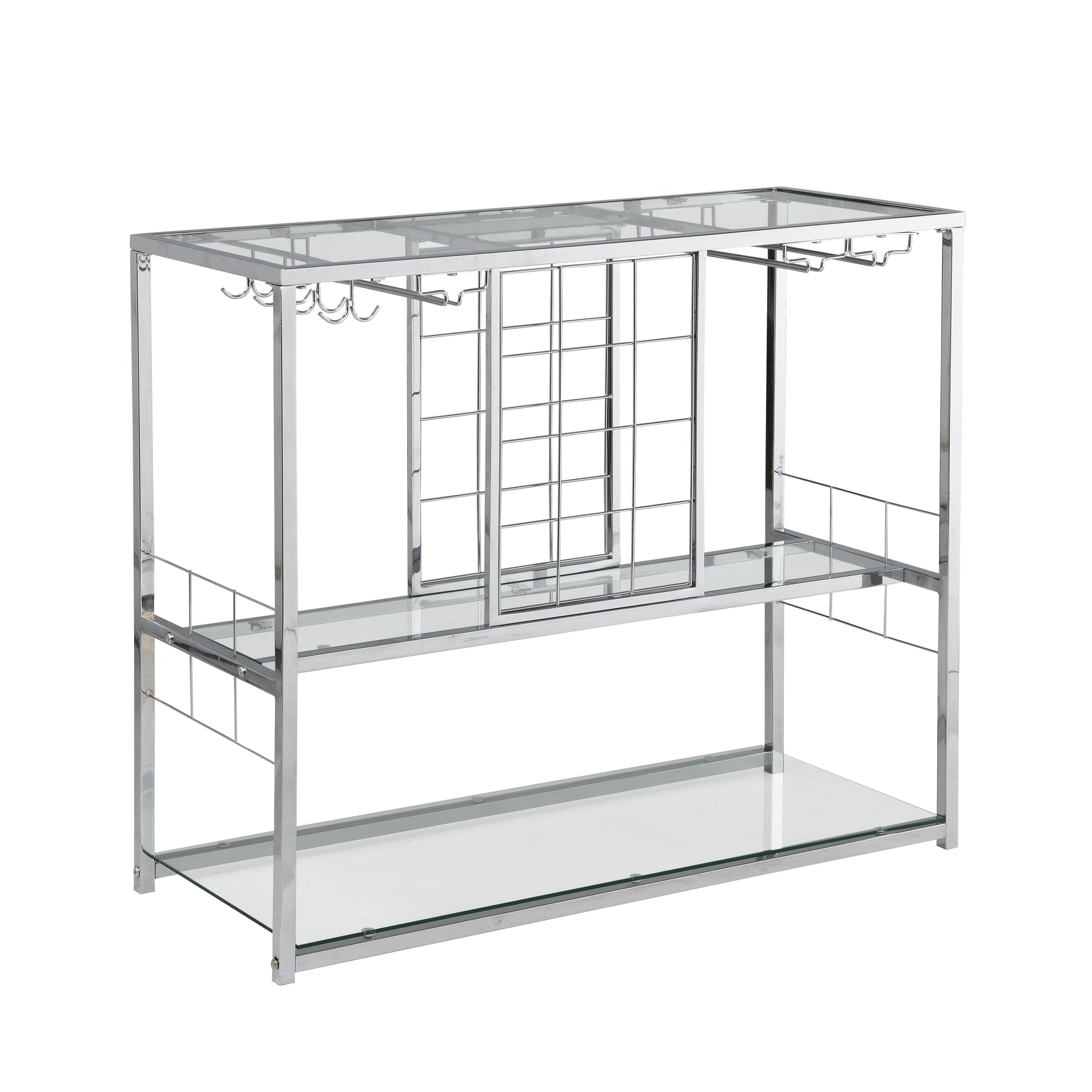 Bar Cart Kitchen Bar&Serving Cart For Home With Glass Holder And Wine Rack, 3 Tier Kitchen Trolley With Tempered Glass Shelves And Chrome Finished Chrome Glass Metal