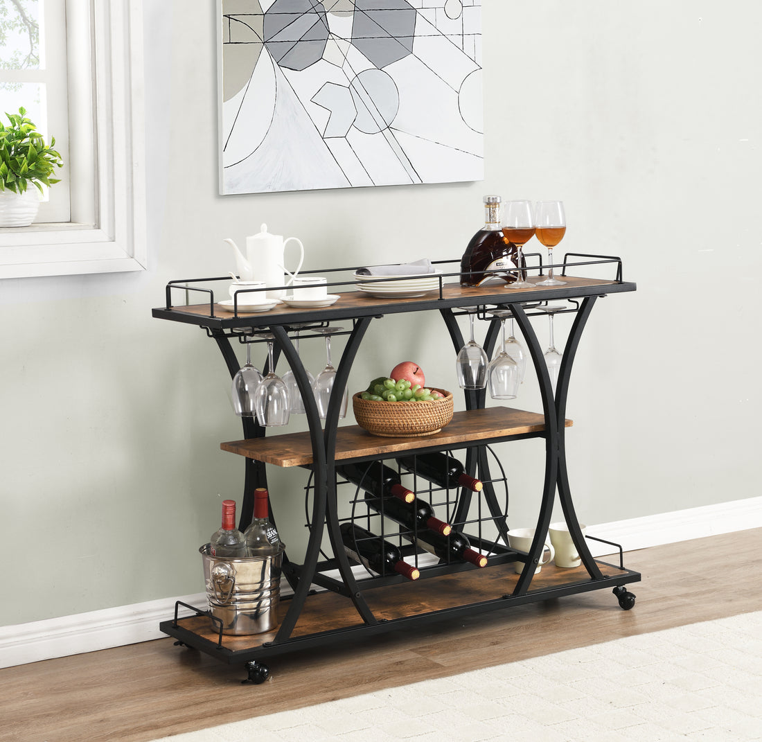 Industrial Bar Cart Kitchen Bar&Serving Cart For Home With Wheels 3 Tier Storage Shelves Black Mdf Metal