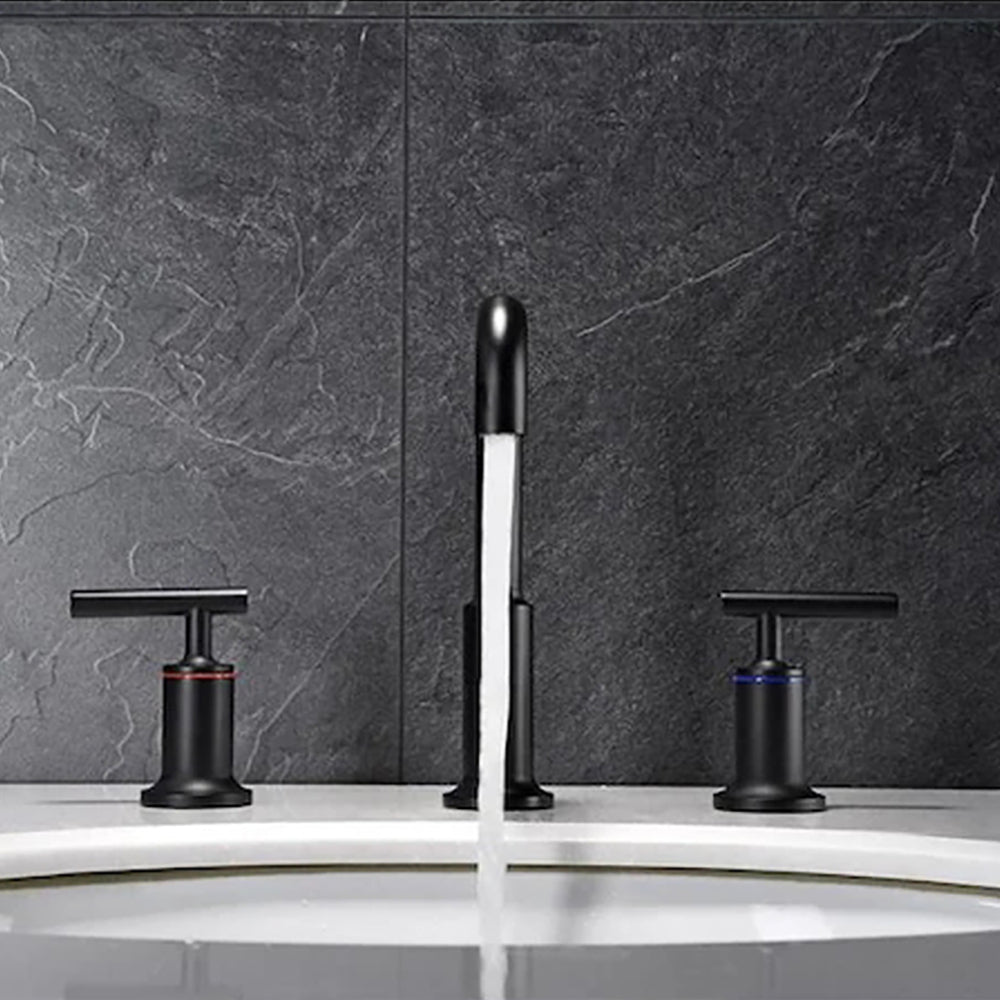 Matt Black Widespread Bathroom Sink Faucet With With Cupc Water Supply Hose And Cartridge Matte Black Brass