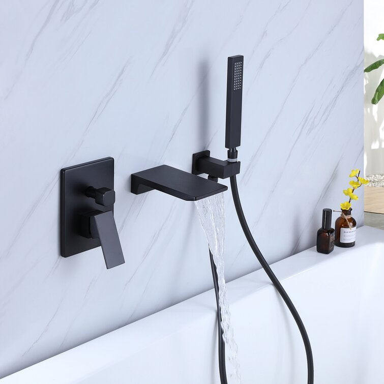 Wall Mount Tub Faucet Matte Black, Waterfall Wall Mount Tub Filler Faucet With Handheld Shower Brass, Bathtub Faucet Waterfall Spout High Flow Matte Black Brass