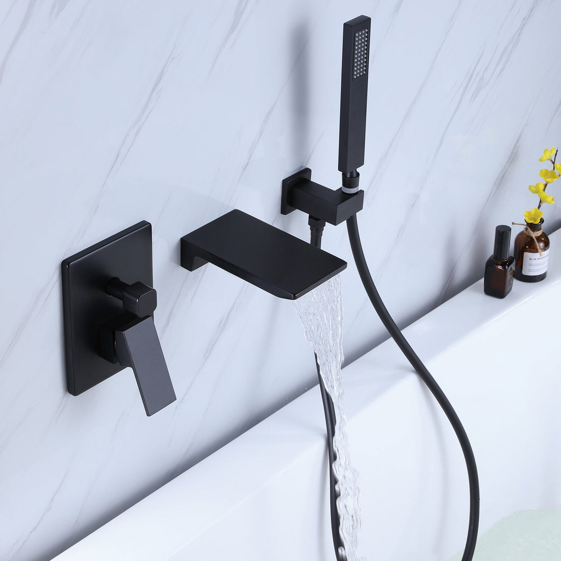 Wall Mount Tub Faucet Matte Black, Waterfall Wall Mount Tub Filler Faucet With Handheld Shower Brass, Bathtub Faucet Waterfall Spout High Flow Matte Black Brass