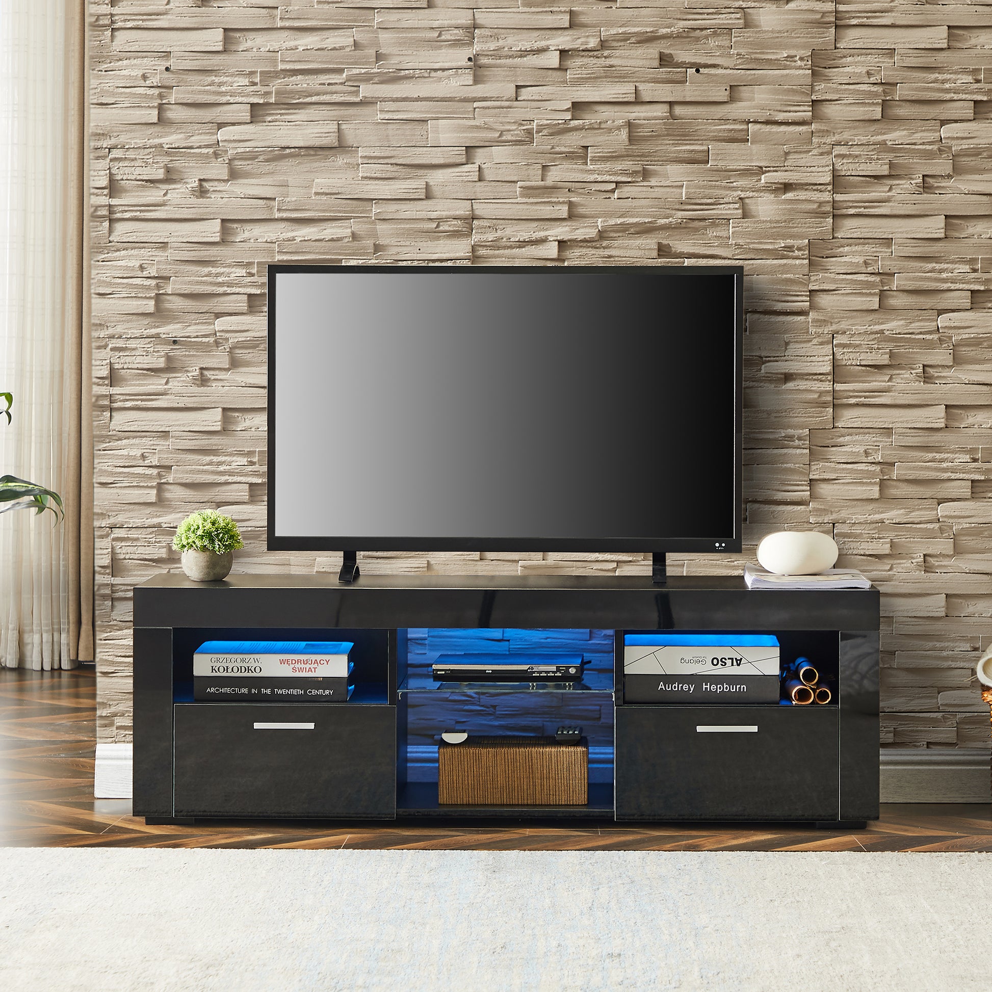 Black Morden Tv Stand With Led Lights,High Glossy Front Tv Cabinet,Can Be Assembled In Lounge Room, Living Room Or Bedroom,Color:Black Black 50 59 Inches Particle Board