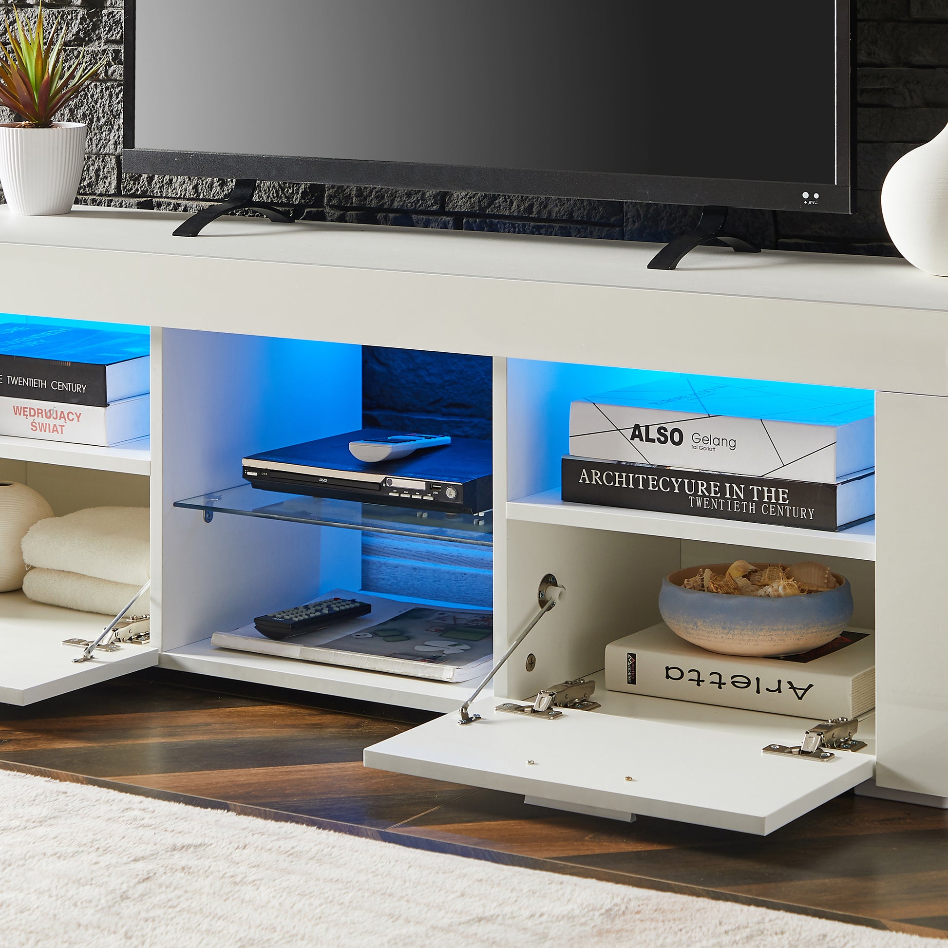 White Morden Tv Stand With Led Lights,High Glossy Front Tv Cabinet,Can Be Assembled In Lounge Room, Living Room Or Bedroom,Color:White White Primary Living Space 50 59 Inches 50 59 Inches Classic 60 Inches Foam Particle Board