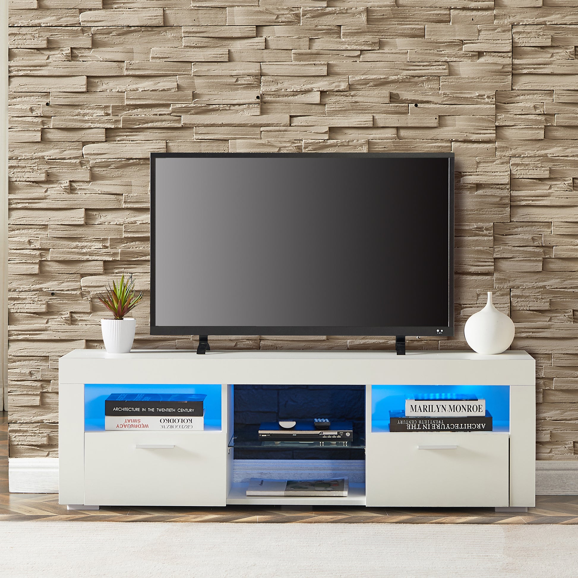 White Morden Tv Stand With Led Lights,High Glossy Front Tv Cabinet,Can Be Assembled In Lounge Room, Living Room Or Bedroom,Color:White White Primary Living Space 50 59 Inches 50 59 Inches Classic 60 Inches Foam Particle Board