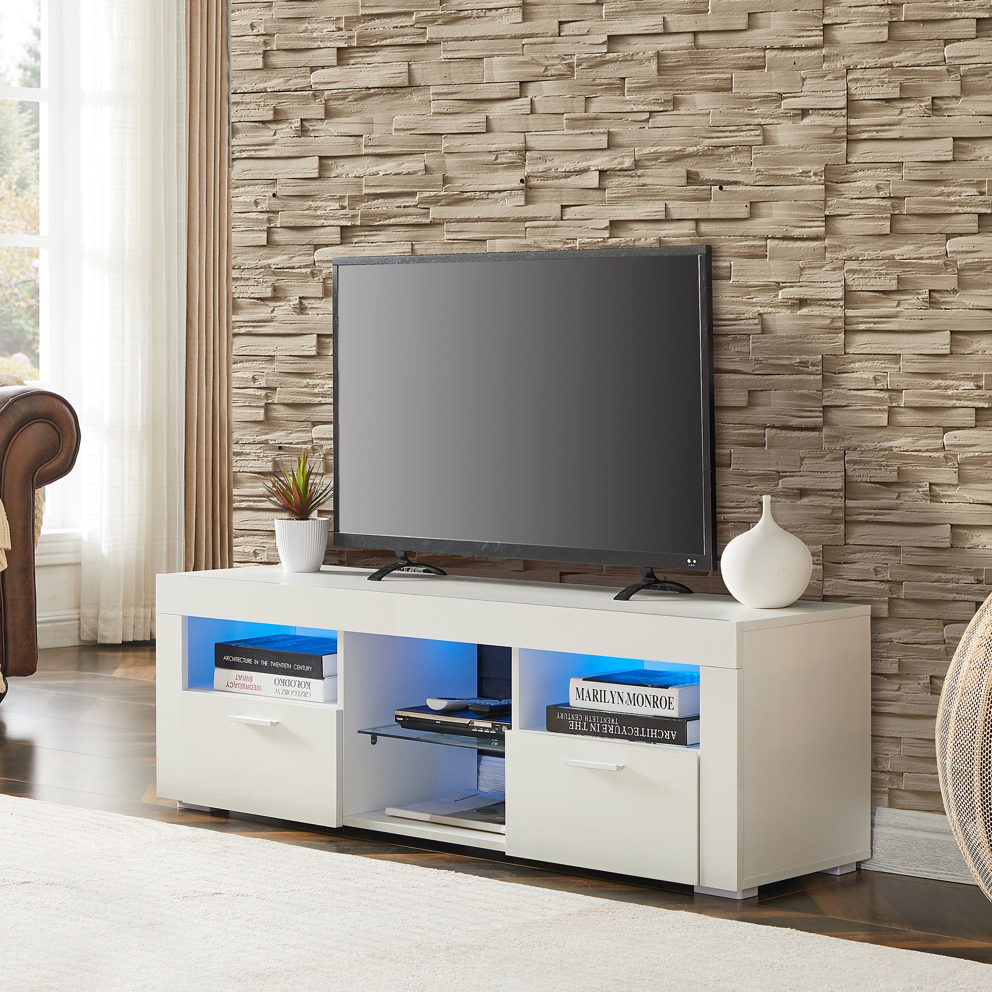 White Morden Tv Stand With Led Lights,High Glossy Front Tv Cabinet,Can Be Assembled In Lounge Room, Living Room Or Bedroom,Color:White White Primary Living Space 50 59 Inches 50 59 Inches Classic 60 Inches Foam Particle Board