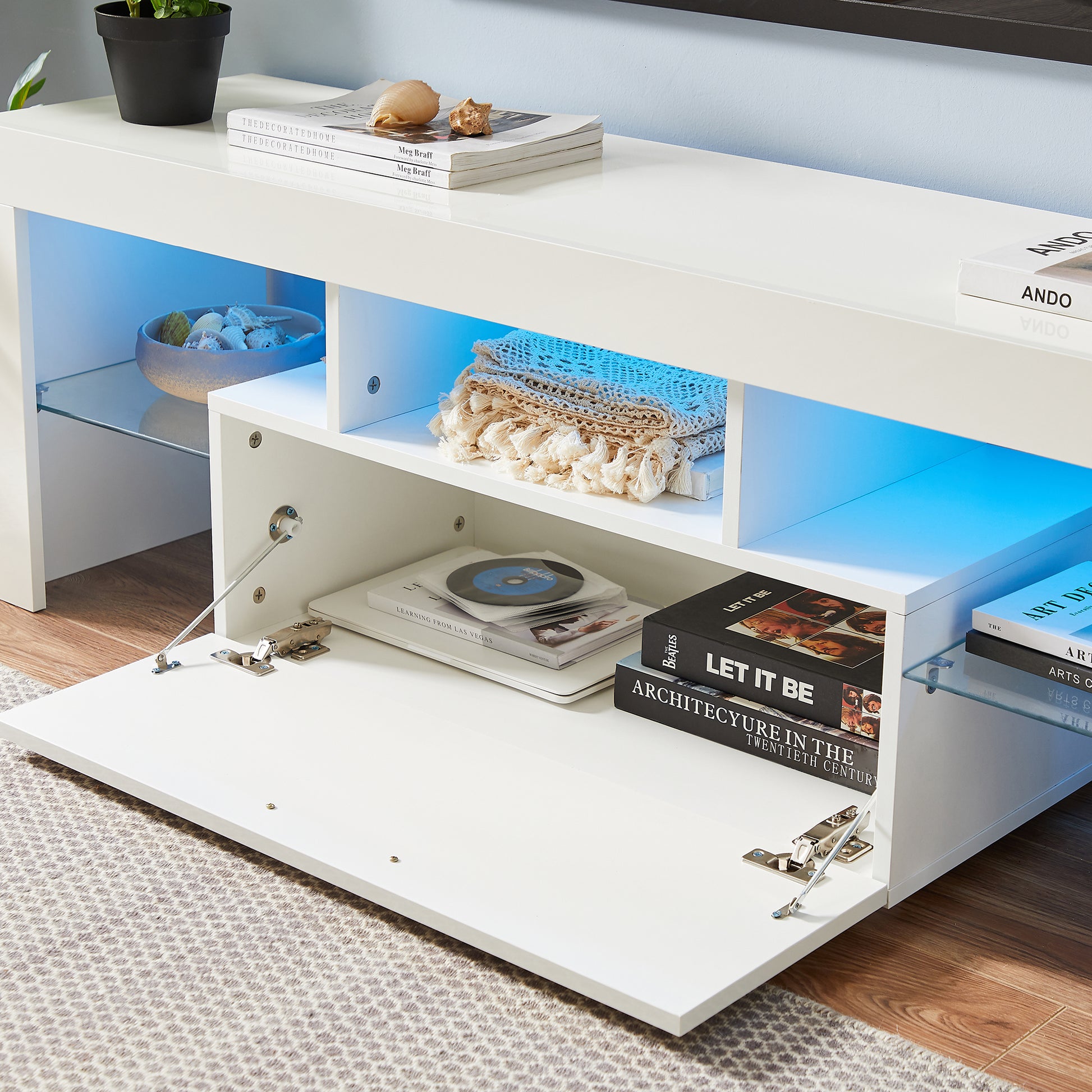 Fashiontvstandtvcabinet,Entertainmentcenter,Tvstationtv Console,Media Console,With Ledlight Belt,Light Belt Remote Control,Toughenedglassshelf,Metal Handle,Canbeplaced In The Living Room,Bedroom,White White Primary Living Space 50 59 Inches 50 59 Inches