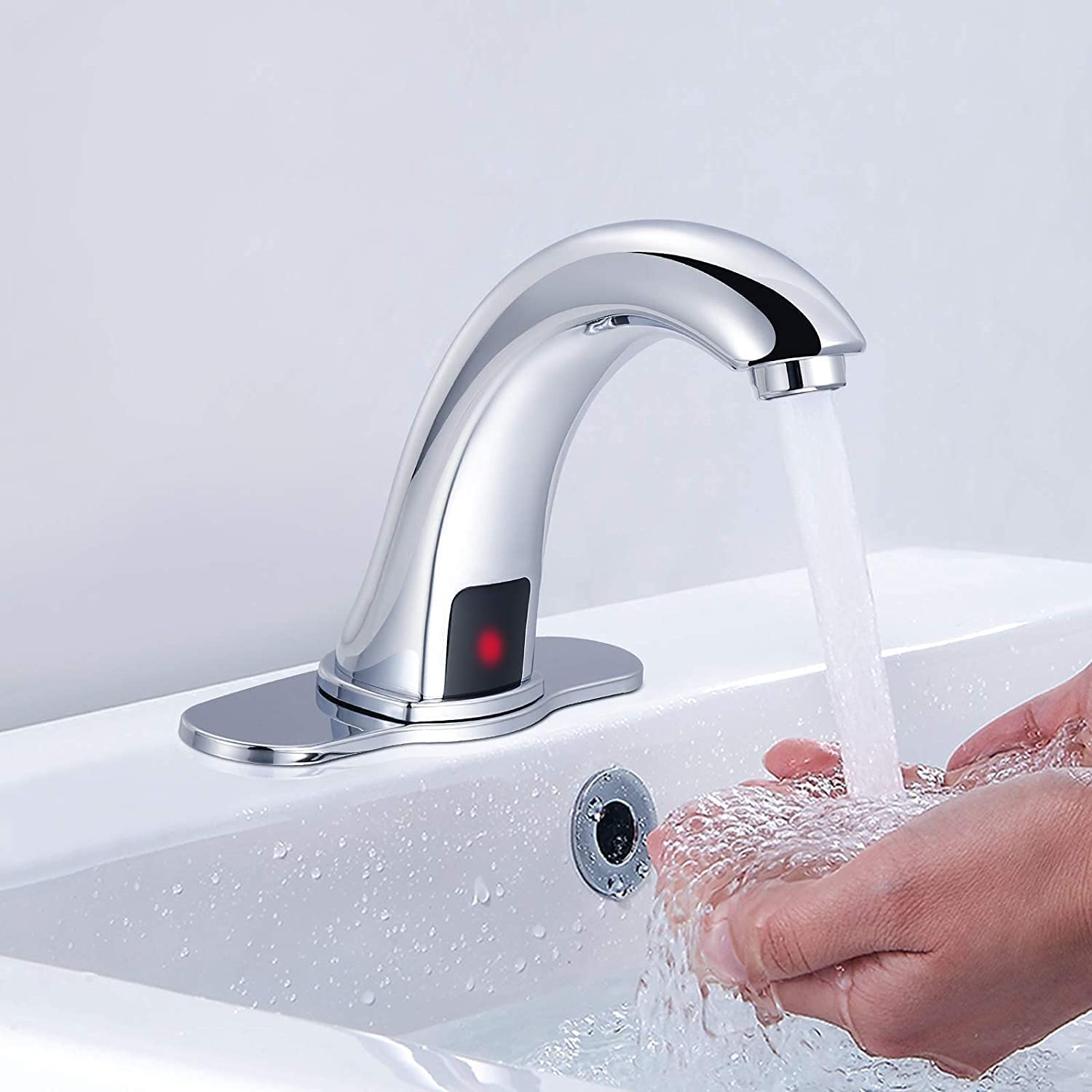 Automatic Sensor Touchless Bathroom Sink Faucet With Deck Plate, Chrome Vanity Faucets, Hands Free Bathroom Water Tap With Cold And Hot Water Mixer Chrome Zinc