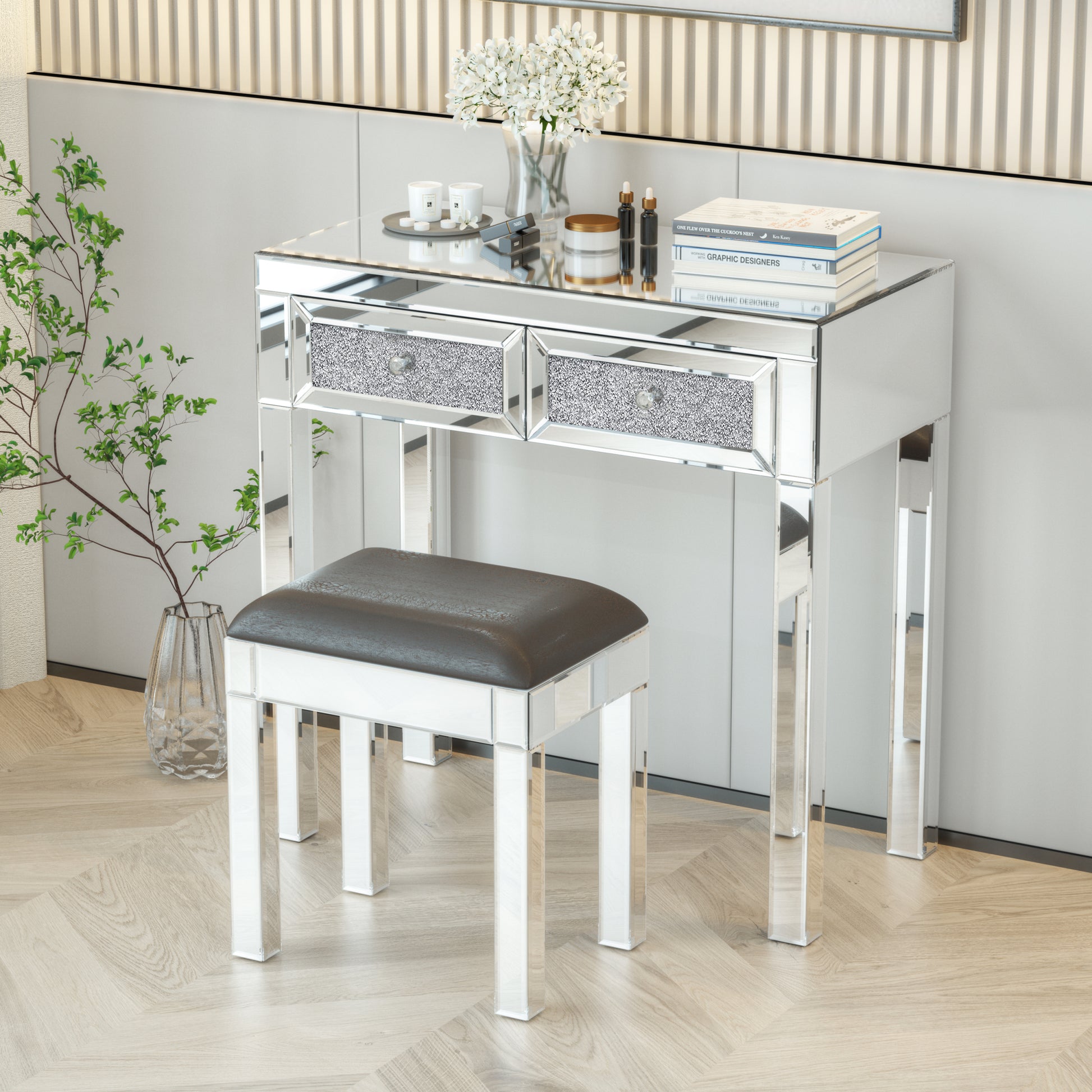 Mirrored Vanity Stool Makeup Bench With Pu Leather, Dressing Chair Cushioned Modern Piano Seat For Bedroom Living Room Silve Silver Glass