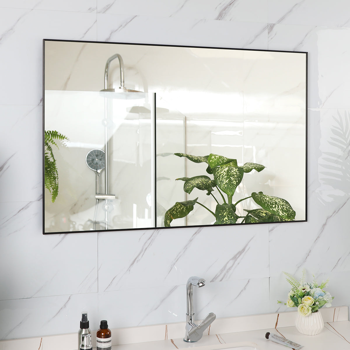 36X24 Inches Modern Black Bathroom Mirror With Aluminum Frame Vertical Or Horizontal Hanging Decorative Wall Mirrors For Living Room Bedroom Black Glass