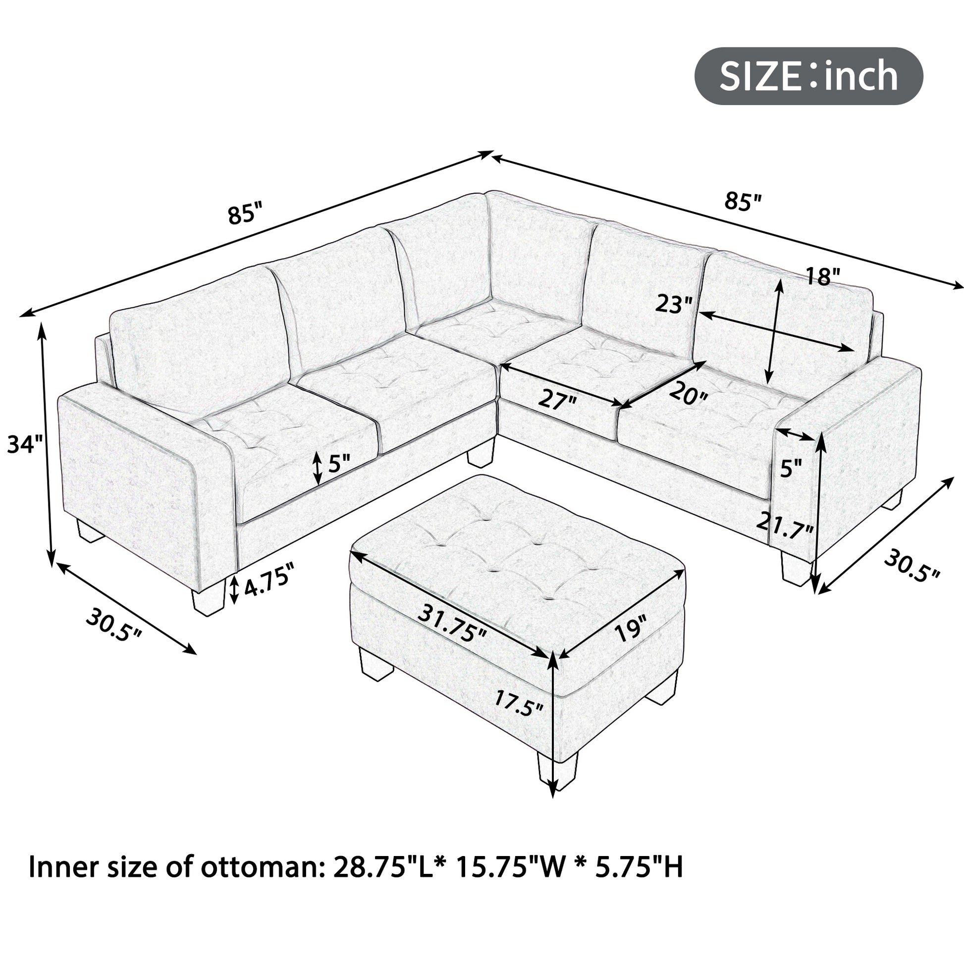 Orisfur. Sectional Corner Sofa L Shape Couch Space Saving With Storage Ottoman & Cup Holders Design For Large Space Dorm Apartment Brown Foam Linen