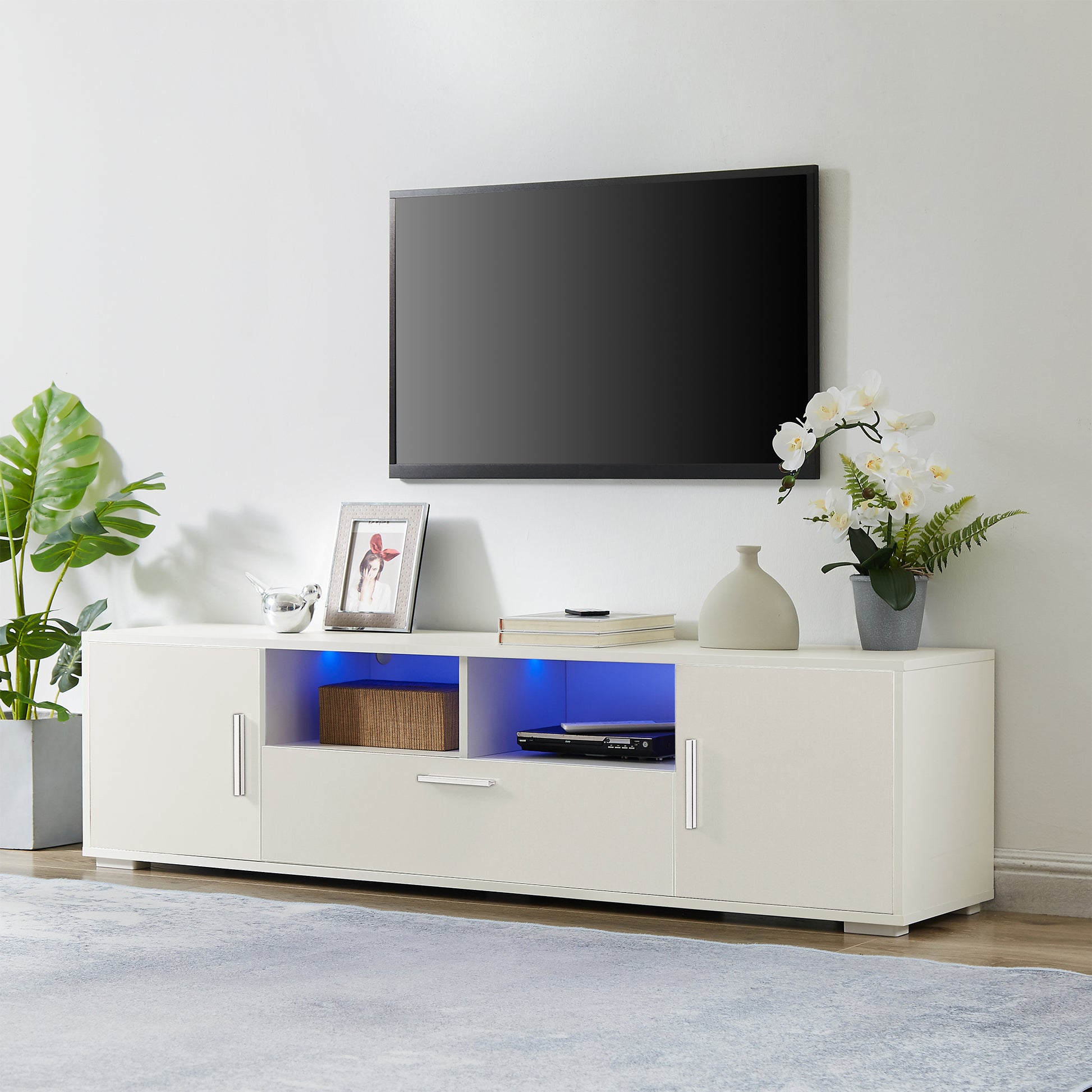 Quickassemblefashiontvstand,Tvcabinet,Entertainment Center Tv Station,Tvconsole,Console With Led Light Belt, Light Belt Can Be Remote Control,With Cabinets,Open Cells,For The Living Room,Bedroom,White White Primary Living Space 60 69 Inches 60 69 Inches