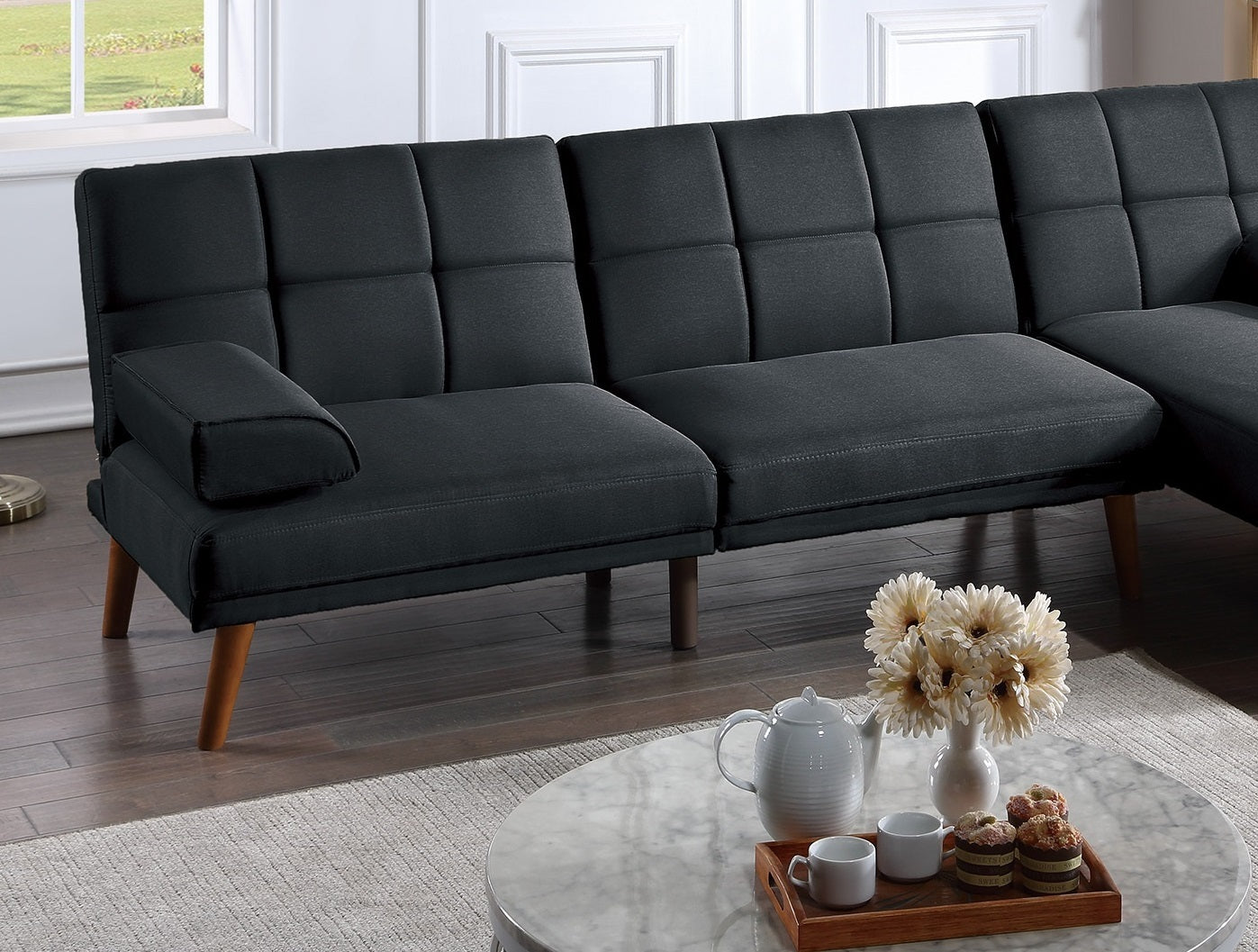 Black Color Polyfiber 2Pc Sectional Sofa Set Living Room Furniture Solid Wood Legs Tufted Couch Adjustable Sofa Chaise Black Wood Primary Living Space Tufted Back Contemporary,Modern L Shaped Pillow Top Arms Foam Plywood 4 Seat