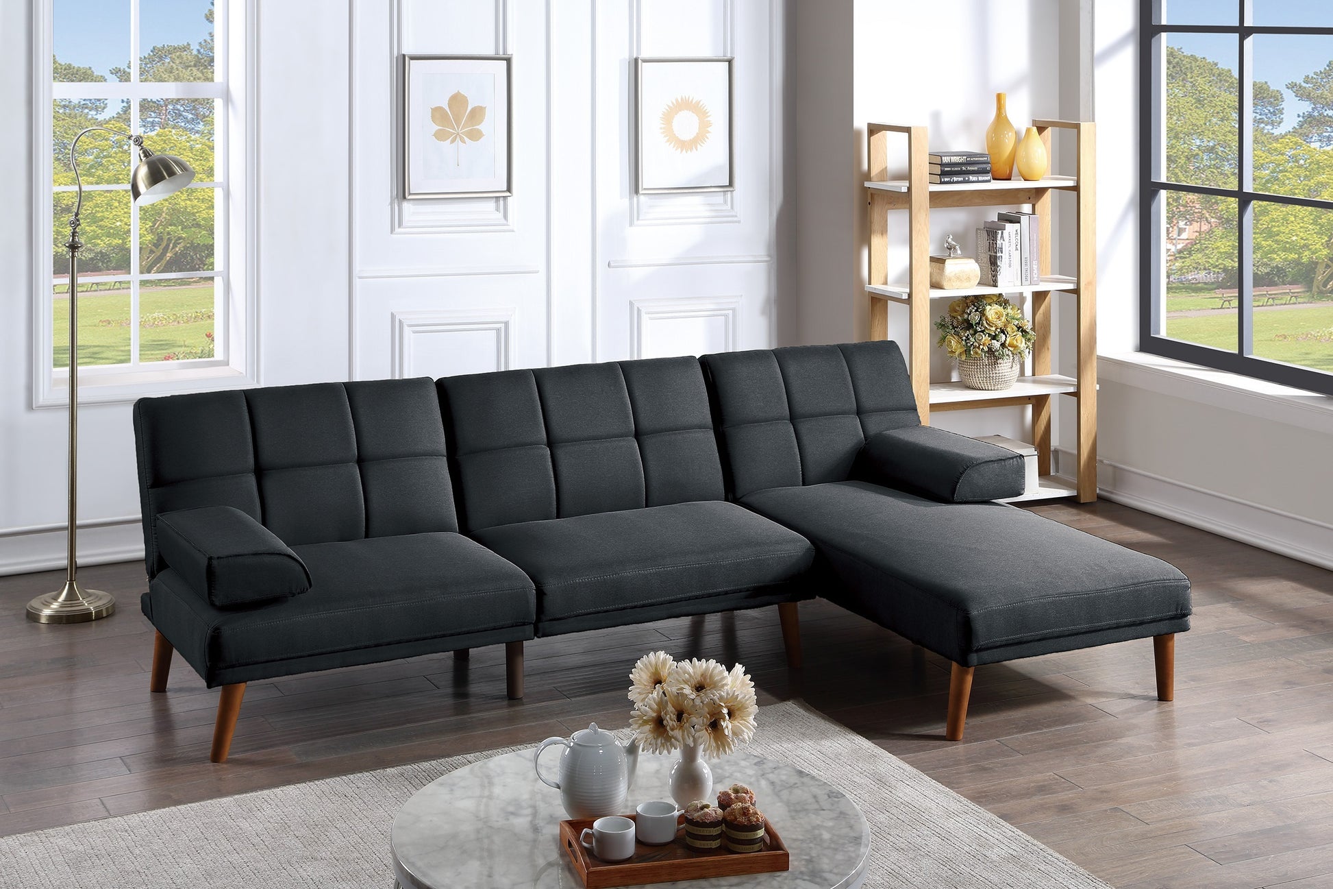 Black Polyfiber 1Pc Adjustable Tufted Sofa Living Room Solid Wood Legs Plush Couch Black Wood Primary Living Space Tufted Back Modern Pillow Top Arms Foam Solid Wood 2 Seat