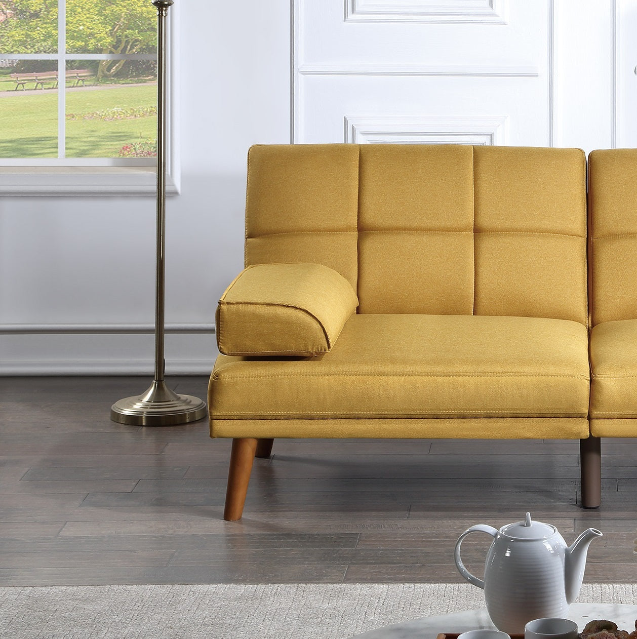 Mustard Polyfiber 1Pc Adjustable Tufted Sofa Living Room Solid Wood Legs Comfort Couch Mustard Wood Primary Living Space Tufted Back Contemporary,Modern Pillow Top Arms Foam Plywood 2 Seat