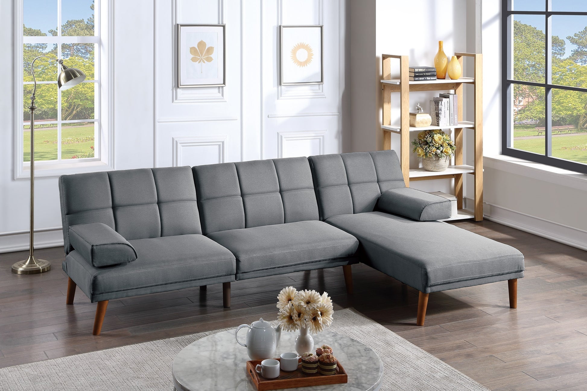 Blue Grey Color Polyfiber 2Pc Sectional Sofa Set Living Room Furniture Solid Wood Legs Tufted Couch Adjustable Sofa Chaise Grey Mix Wood Primary Living Space Tufted Back Contemporary,Modern L Shaped Pillow Top Arms Foam Plywood 5 Seat