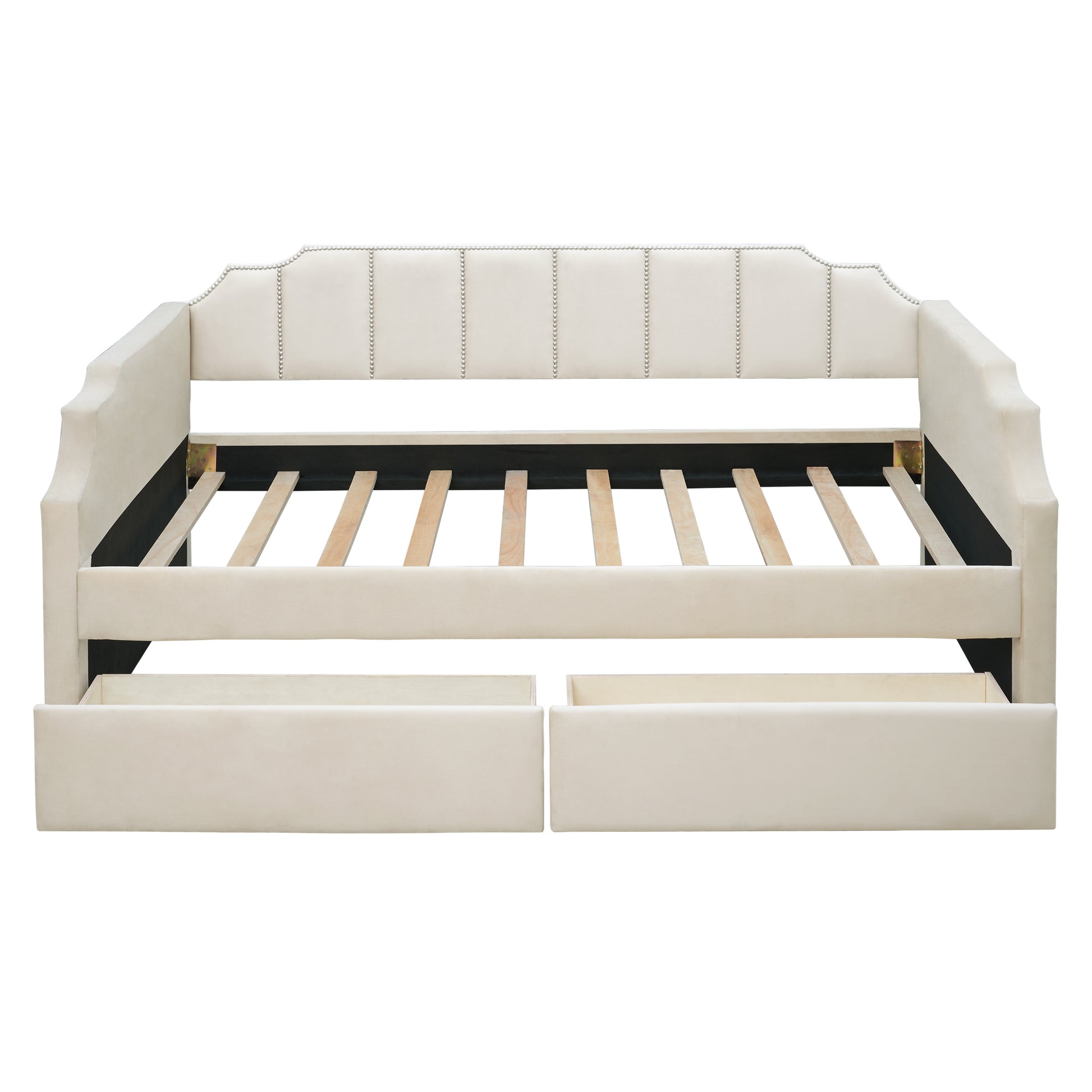 Twin Size Upholstered Daybed With Drawers, Wood Slat Support, Beige Beige Velvet