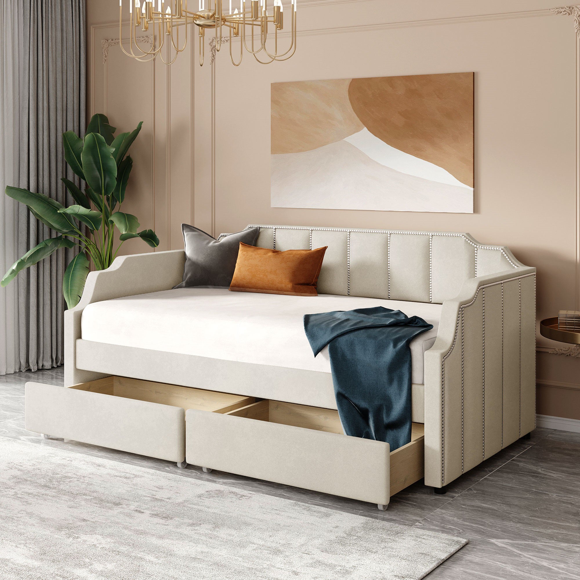 Twin Size Upholstered Daybed With Drawers, Wood Slat Support, Beige Beige Velvet