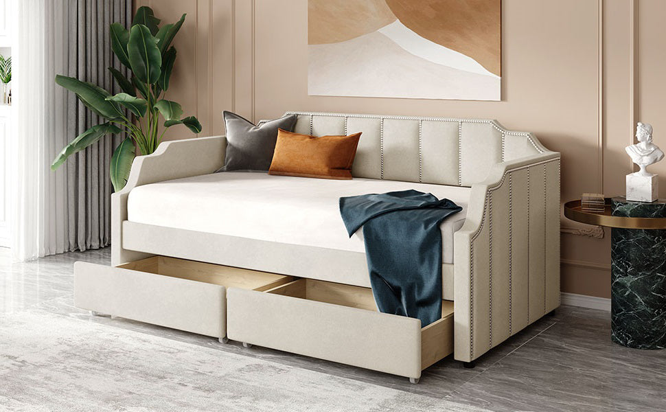 Twin Size Upholstered Daybed With Drawers, Wood Slat Support, Beige Beige Velvet