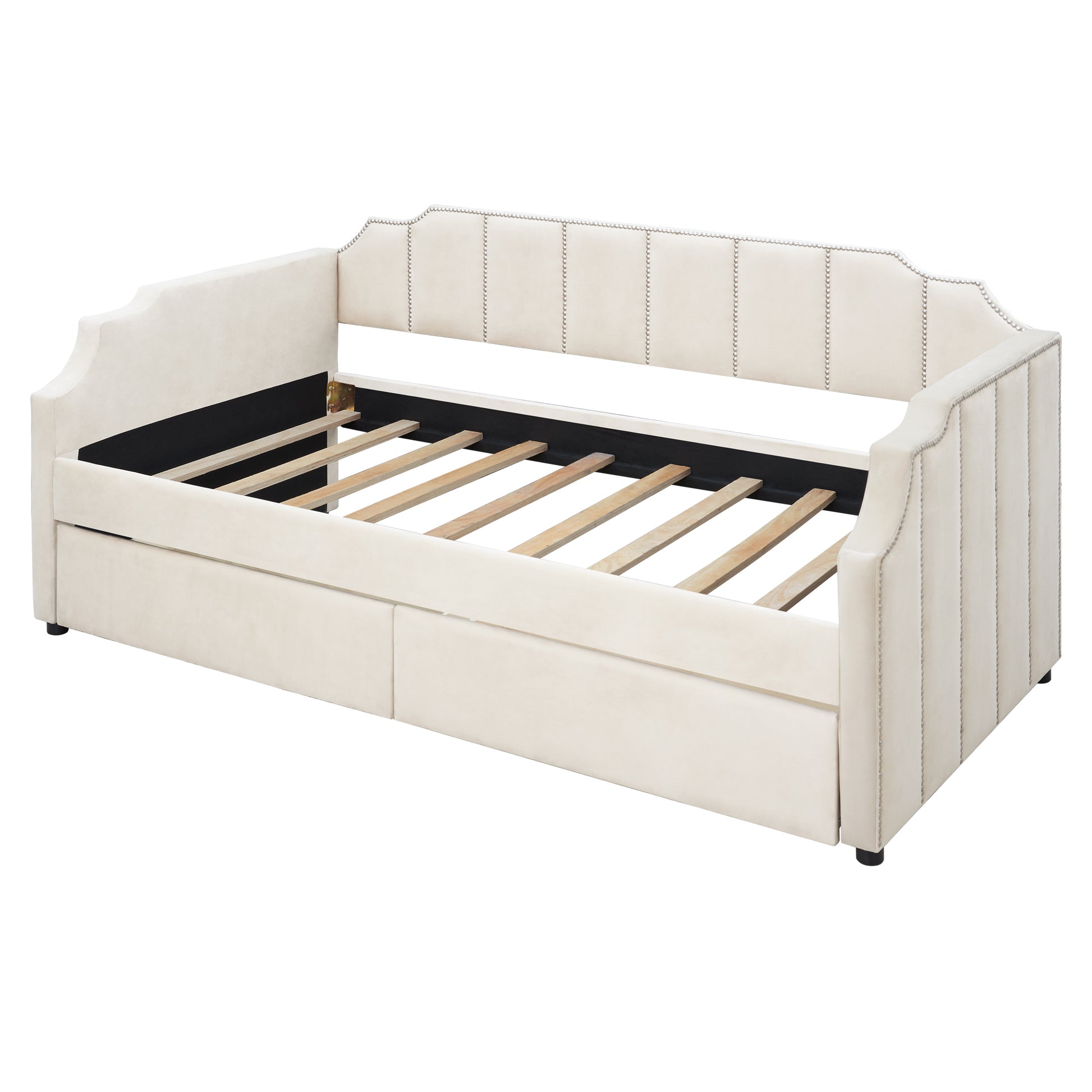 Twin Size Upholstered Daybed With Drawers, Wood Slat Support, Beige Beige Velvet