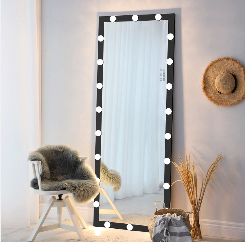 Hollywood Full Length Mirror With Lights Full Body Vanity Mirror With 3 Color Modes Lighted Standing Floor Mirror For Dressing Room Bedroom Wall Mounted Touch Control Black 63X24Inch Black Aluminium