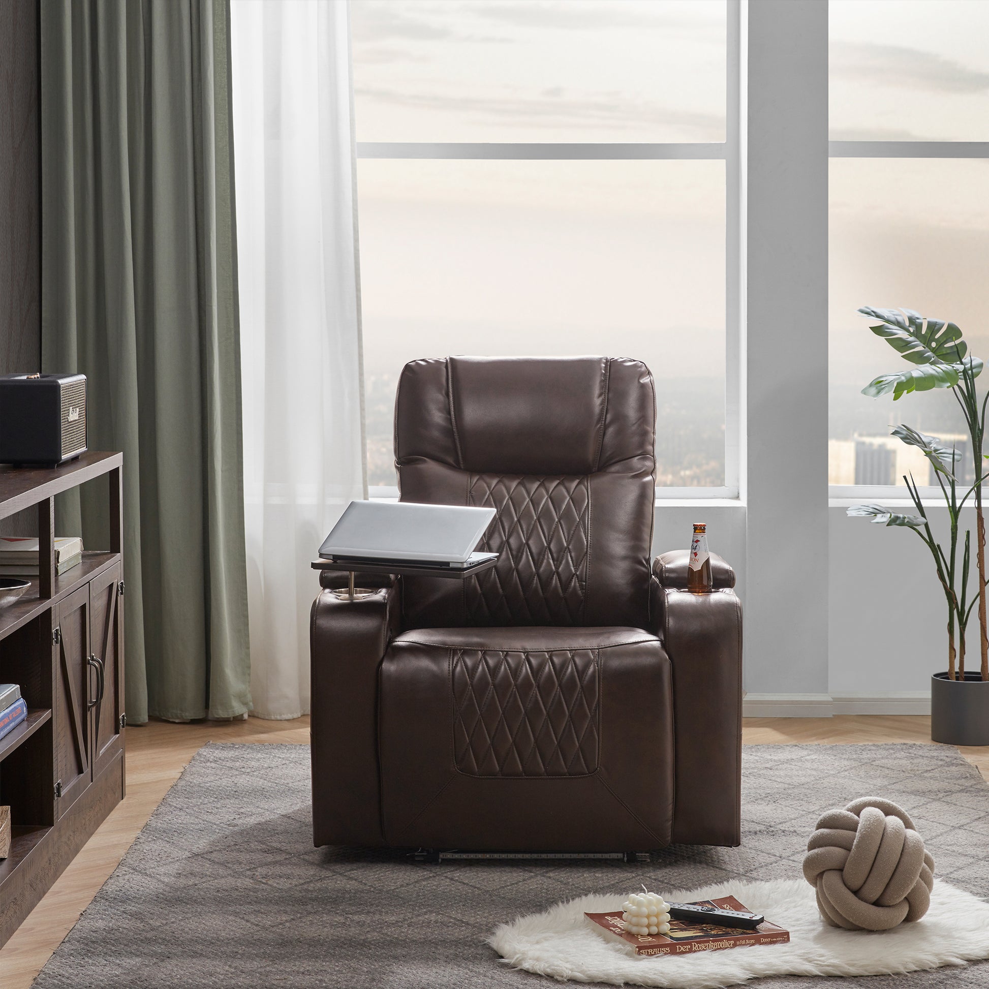 Power Motion Recliner With Usb Charging Port And Hidden Arm Storage 2 Convenient Cup Holders Design And 360 Swivel Tray Table,Brown Old Sku: Sg000630Aad Brown Foam Pu